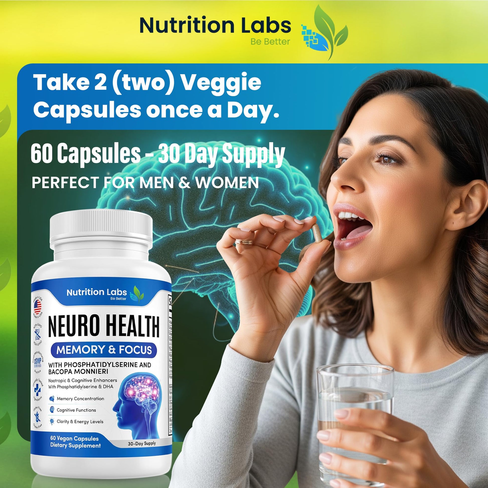 Nootropic & Neuro Brain Supplement for Memory & Focus Support. Clinically Tested Vitamins for Mental Support & Cognitive Clarity W/Bacopa Monnieri, VIT A, B6, Riboflavin, Niacin, Thiamin & Folate NUTRITION LABS BE BETTER Au supplements