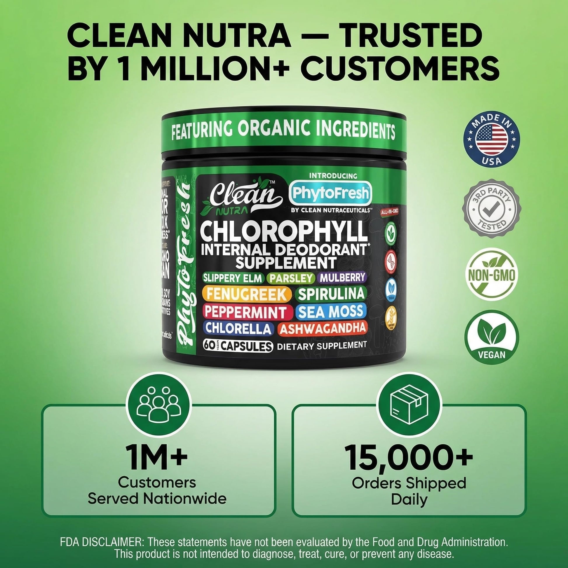 Clean Nutra Chlorophyll Capsules Supplement Internal Deodorant Peppermint, Sea Moss, Parsley, Chlorella, Spirulina, Slippery Elm, Ashwagandha, PhytoFresh Greens Detox Pills Clean Nutraceuticals Au supplements