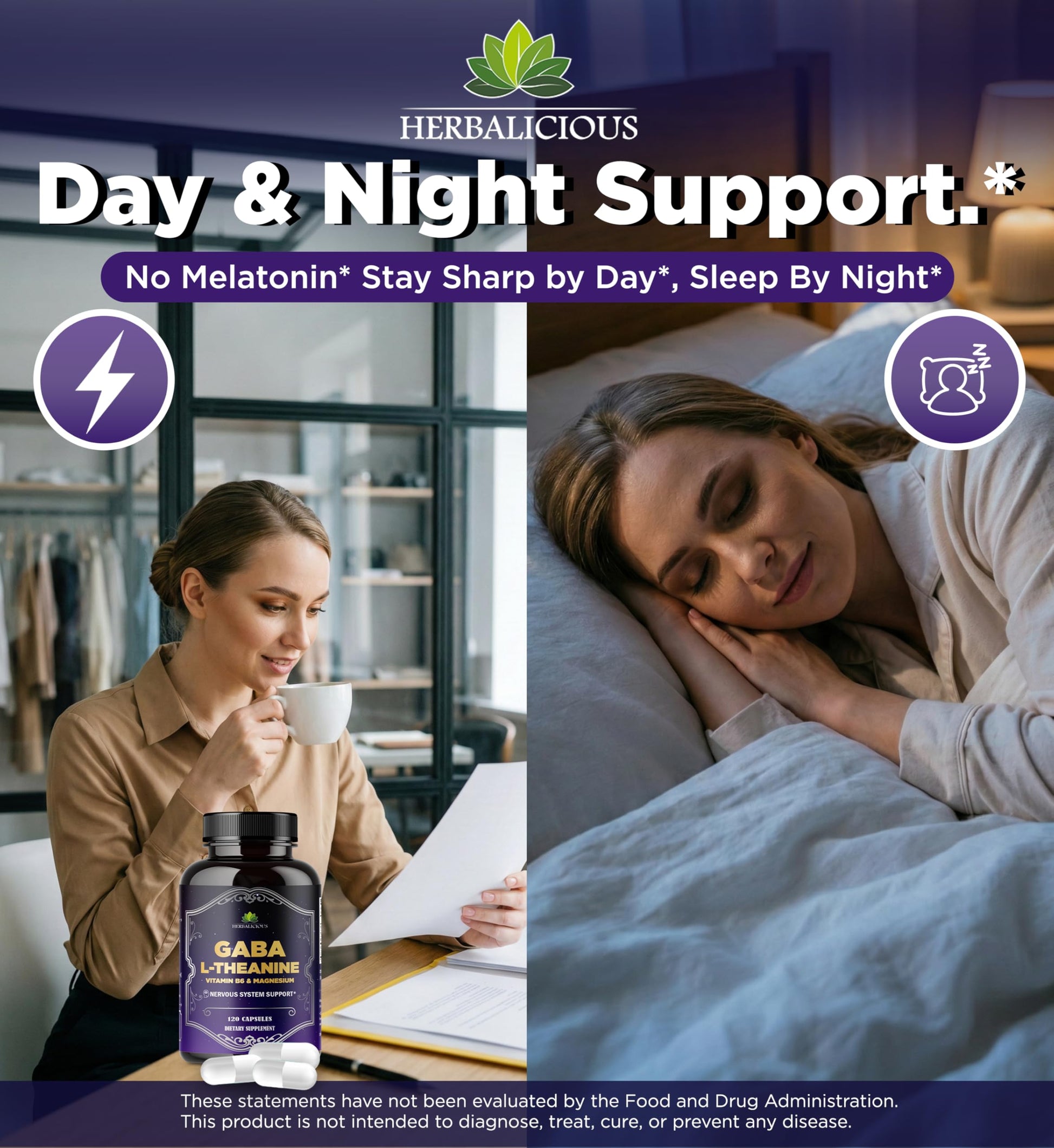 HERBALICIOUS GABA L-Theanine with Magnesium – Calm & Focus Support, Stress Relief, Relaxation + Mood Balance, Brain & Memory Support Supplement – Vitamin B6 + B12 Complex – 120 Capsules HERBALICIOUS Au supplements