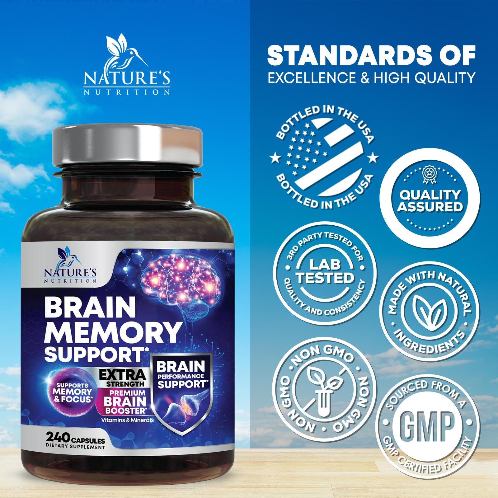 Brain Memory Supplement Pills - 3X Strength Nootropics for Concentration, Clarity & Focus Support - Brain Health Cognitive Vitamins with Bacopa, Phosphatidylserine & DMAE, Brain Booster - 240 Capsules Nature's Nutrition Au supplements