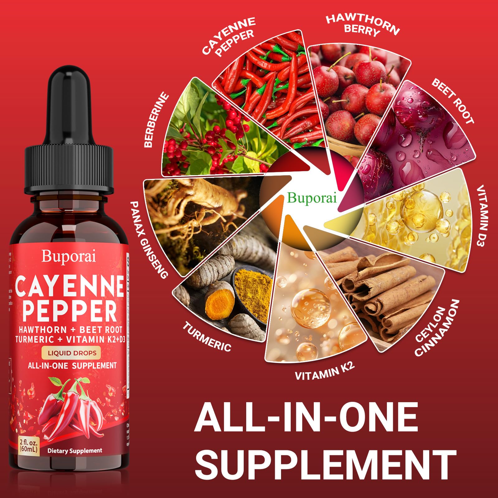 Buporai Cayenne Pepper Drops, Cayenne Pepper Extract Liquid Supplement for Overall Well-Being, 2 fl oz, Vitamin D3 K2 Beet Root Powder Buporai Au supplements