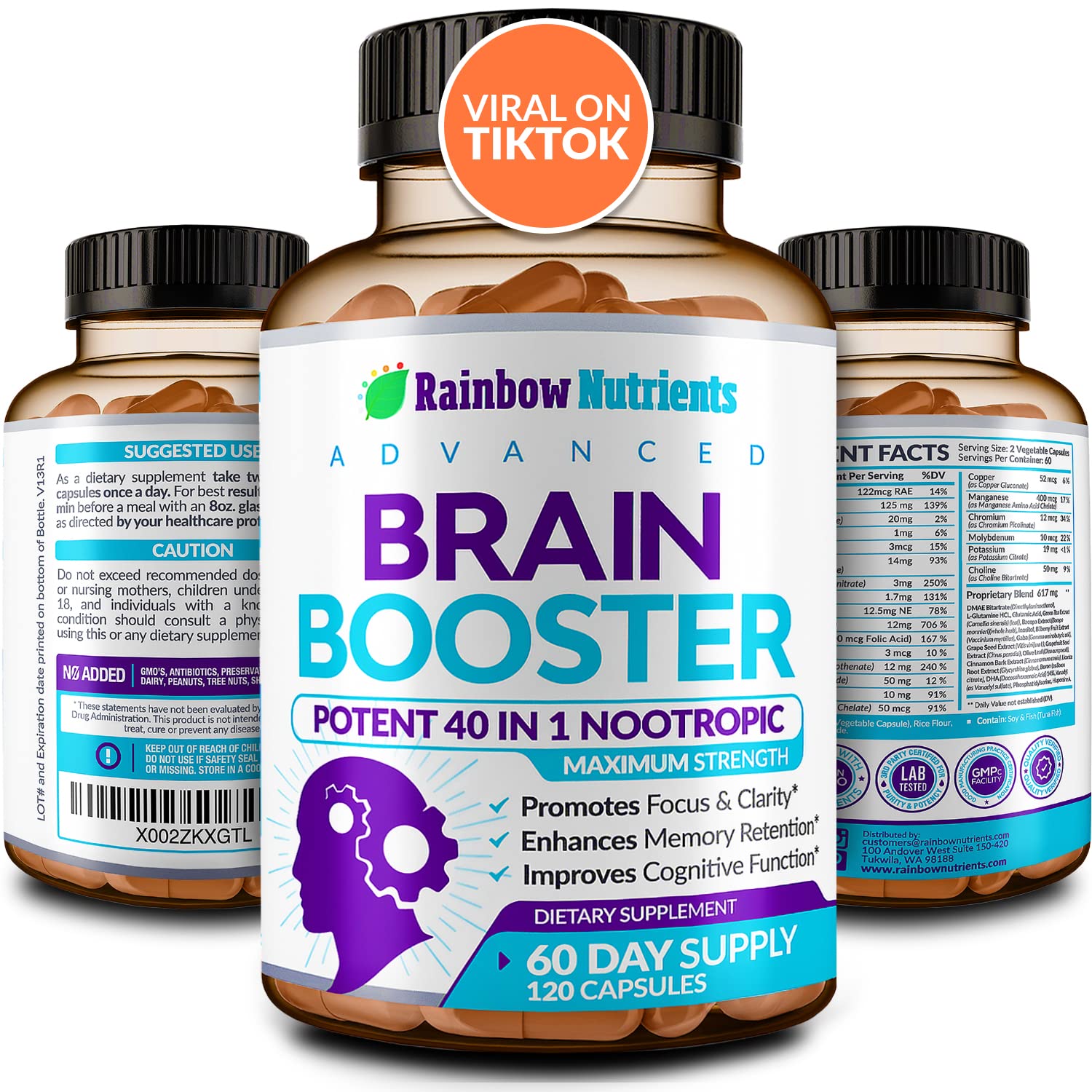 40-in-1 Brain Booster Supplements for Memory, Focus, Clarity, Energy, Performance Rainbow Nutrients, LLC Au supplements