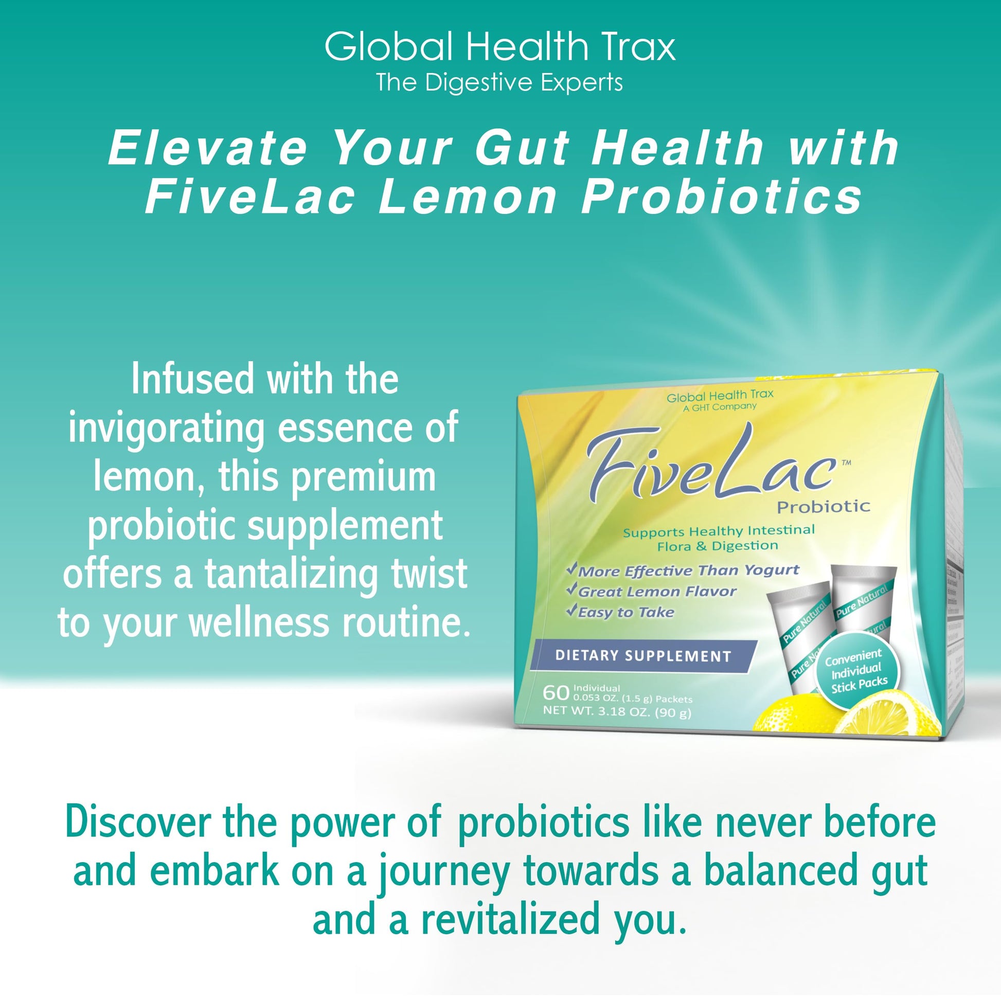 GHT - FiveLac Lemon Probiotic Powder Drink Mix, Probiotics for Women, Men, and Kids - Smooth Digestive Support and Elimination - Relieves Occasional Constipation and Gas - 60 Packets (3 Pack) Non-GMO ght Global Health Trax Au supplements