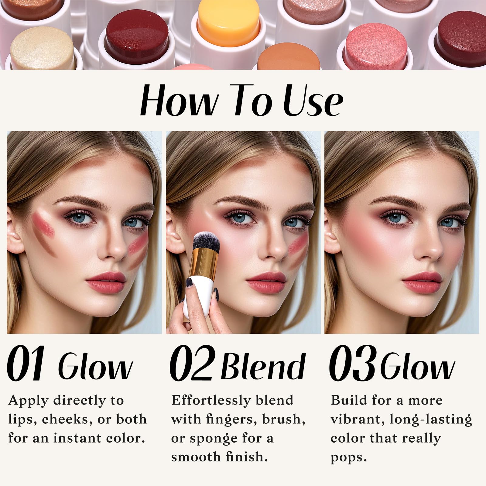 KIMUSE Face Sticks Trio, Cream Blush Stick & Highlighter Stick & Contour Stick for Sculpt the Cheeks, Long Lasting Cream Contour Stick Trio for Face Makeup, with Brush KIMUSE Au supplements