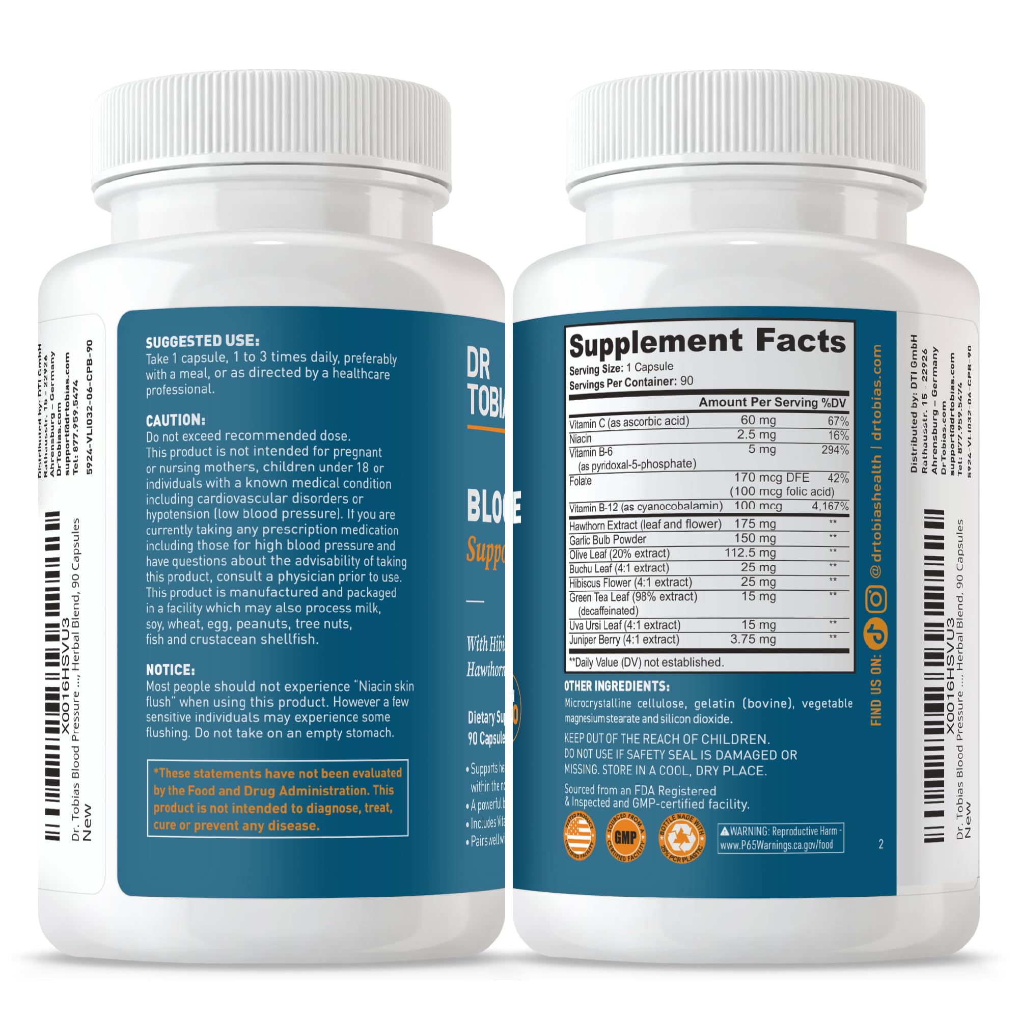 Dr. Tobias Blood Pressure Support Supplement with Hawthorn, Hibiscus Flower, Olive Leaf & Garlic, Supports Normal Circulatory Health with Vitamins C, B6, B12, Niacin, Folate & Herbs, 90 Capsules Dr. Tobias Au supplements