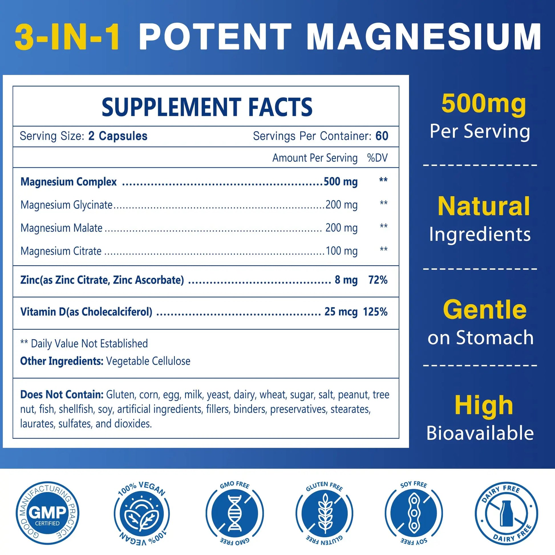 Magnesium Complex 500mg, Magnesium Glycinate, Malate & Citrate - High Absorption Chelated Triple Magnesium Supplement with Zinc, Vitamin D3 for Muscle, Nerve, Bone & Immune Support, Vegan 120 Capsules NATURE TARGET Au supplements