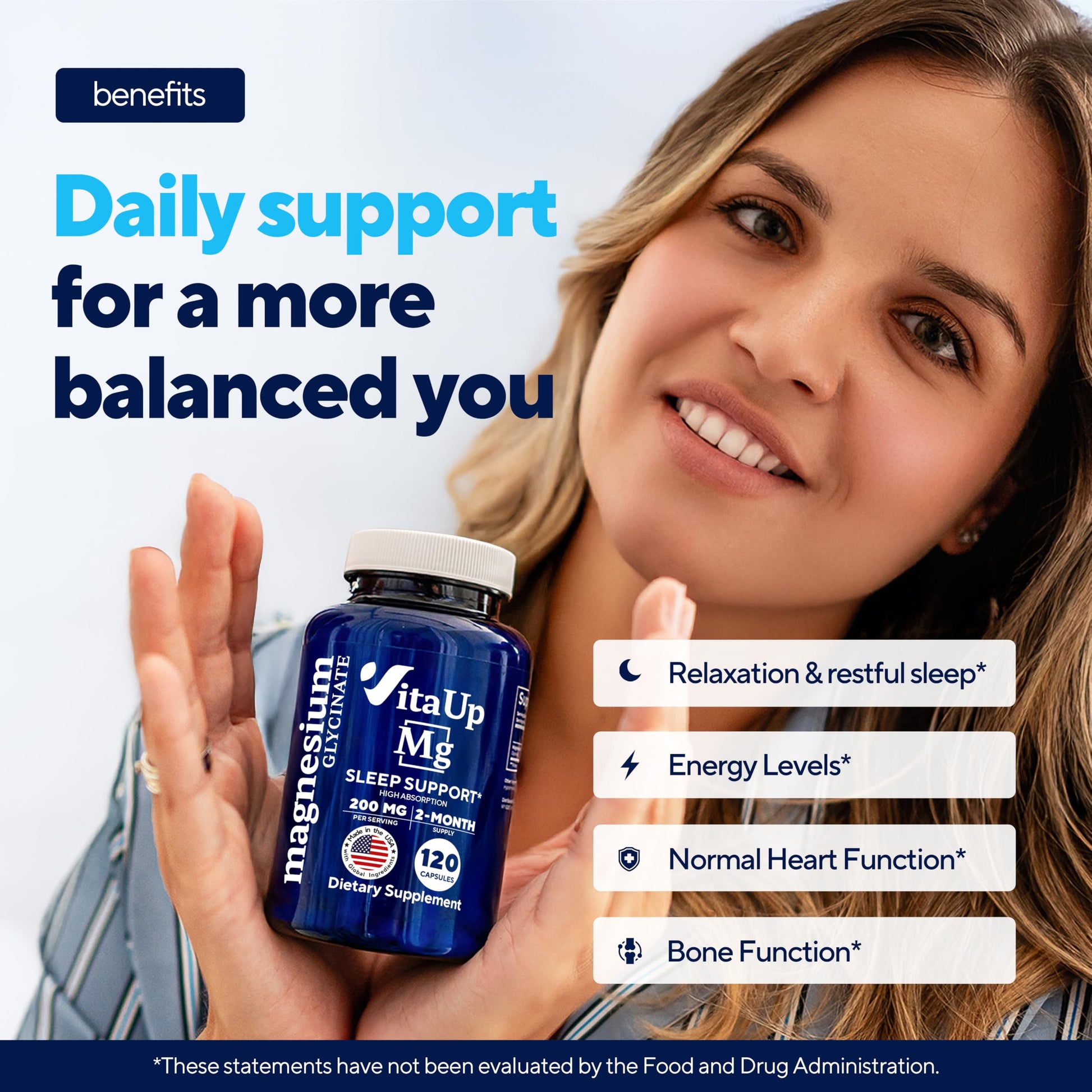 VitaUp Magnesium Glycinate 200mg - USA Made, Highly Absorbed, Non-GMO Magnesium for Relaxation, Deep Sleep, Bones & Heart - 200mg per Serving, 120 Vegan Capsules VitaUp Au supplements