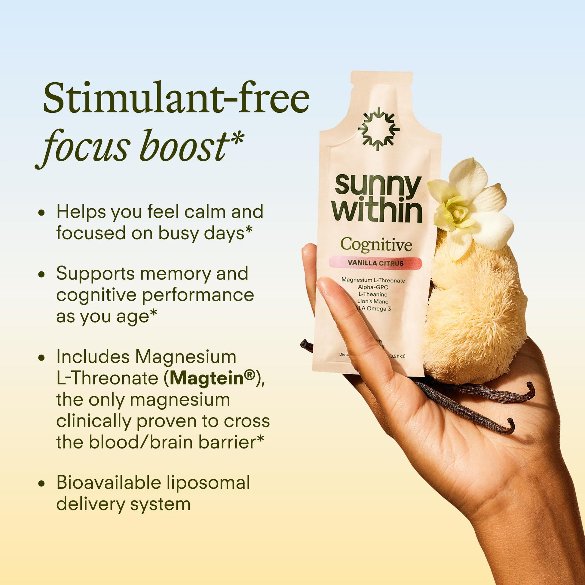 Sunny Within - Brain Health Supplement - Magnesium L-Threonate from Magtein®, Lion’s Mane, Alpha GPC, L-Theanine, ALA & Avocado Oil - Focus, Mood & Memory Support* - 30 Daily Vegan Pouches Sunny Within Au supplements