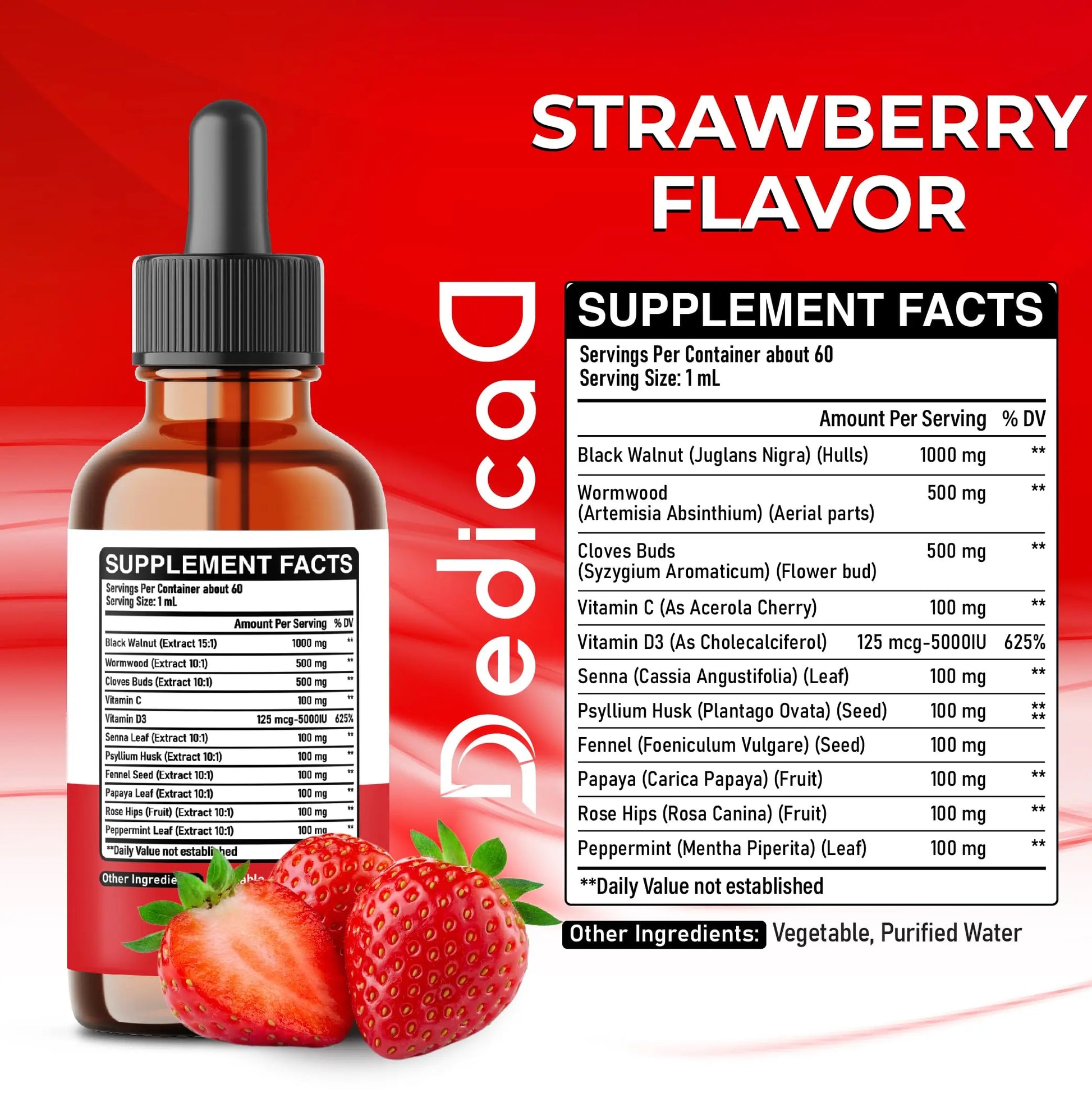 DEDICAD 11in1 Black Walnut Wormwood Cloves Liquid Drops with Cloves Buds, Senna Leaf, Psyllium Husk, Fennel Seed, Papaya Leaf and More - 2 oz Fl - 60 Days - Strawberry Flavor DEDICAD Au supplements