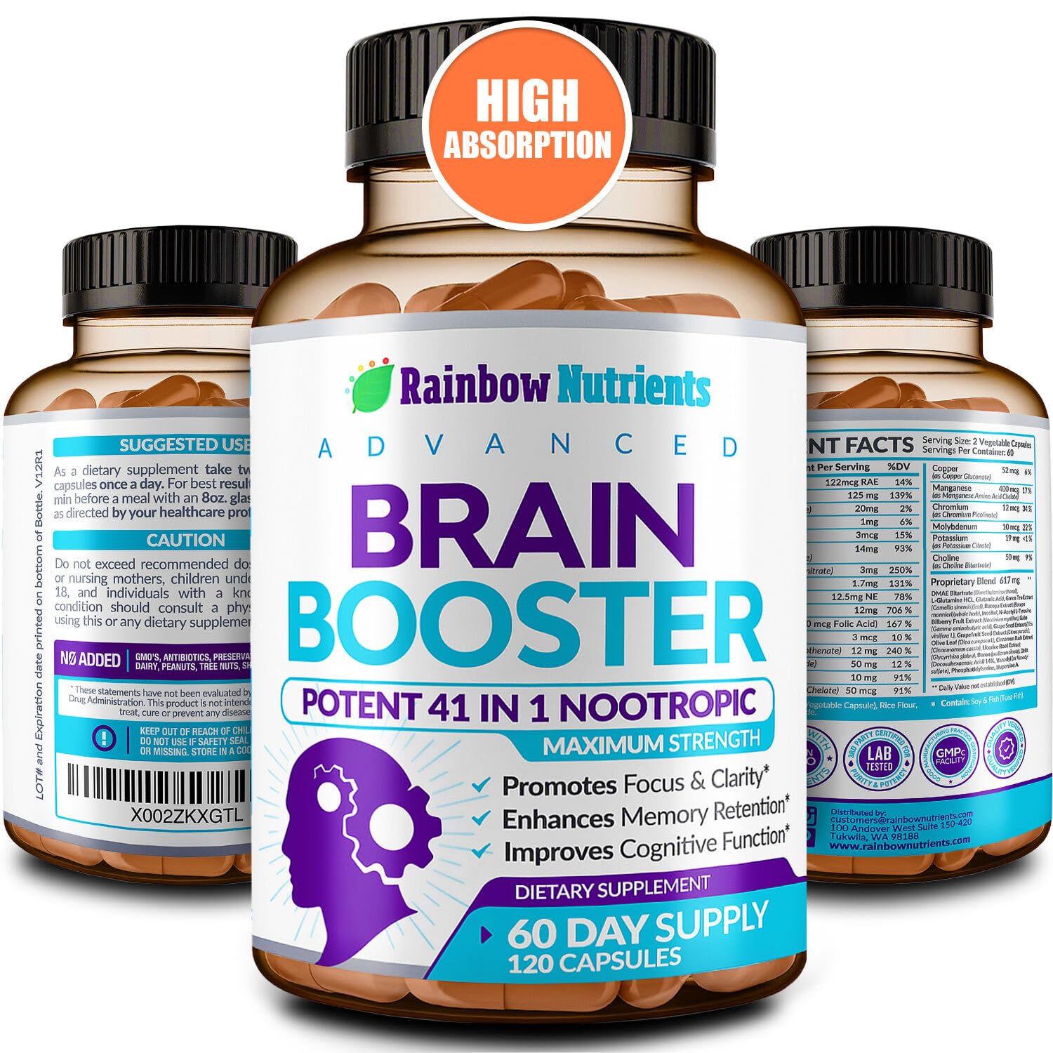 40-in-1 Brain Booster Supplements for Memory, Focus, Clarity, Energy, Performance Rainbow Nutrients, LLC Au supplements