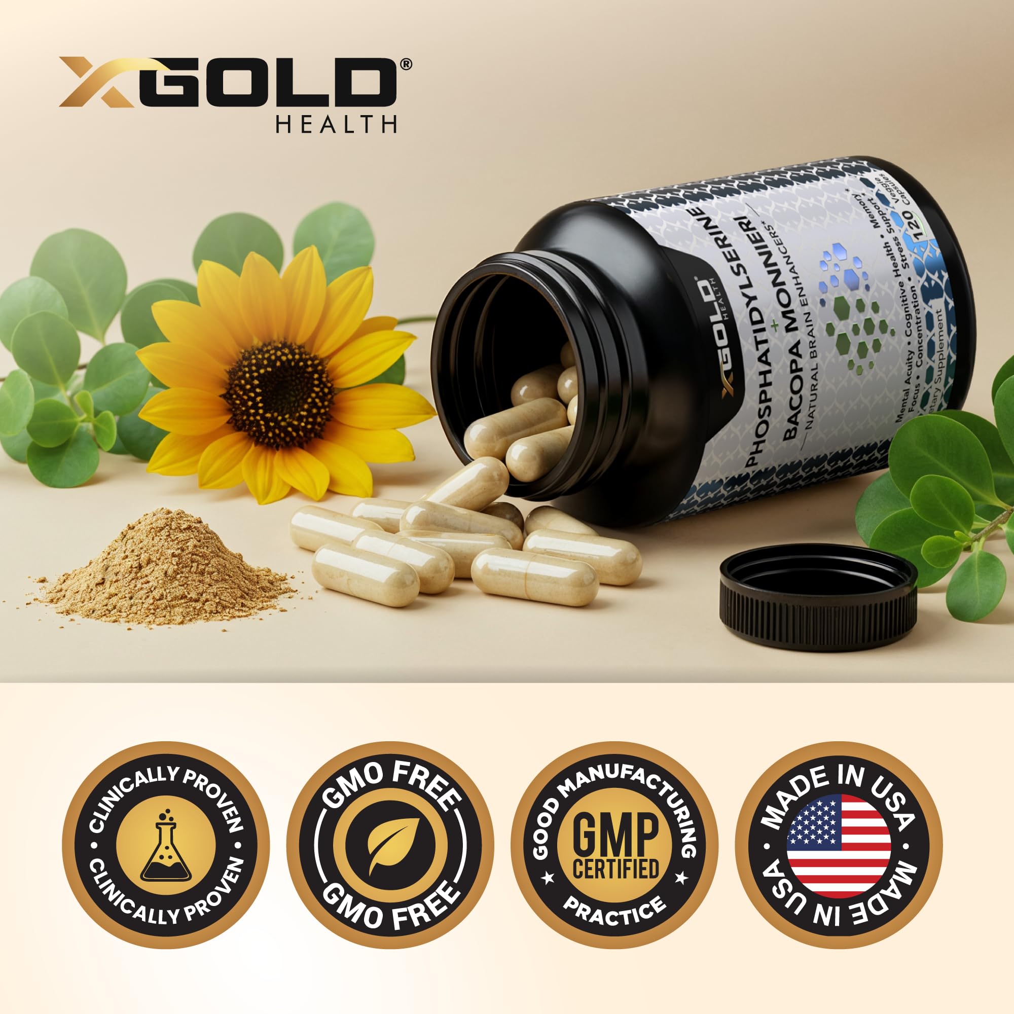 PhosphatidylSerine & Bacopa Monnieri 800 mg 2 in 1 Supplement - Natural Brain Enhancer/Nootropic for Enhanced Focus and Concentration, Memory Support, & Cognitive Function - 120 Vegetarian Capsules X Gold Health Au supplements