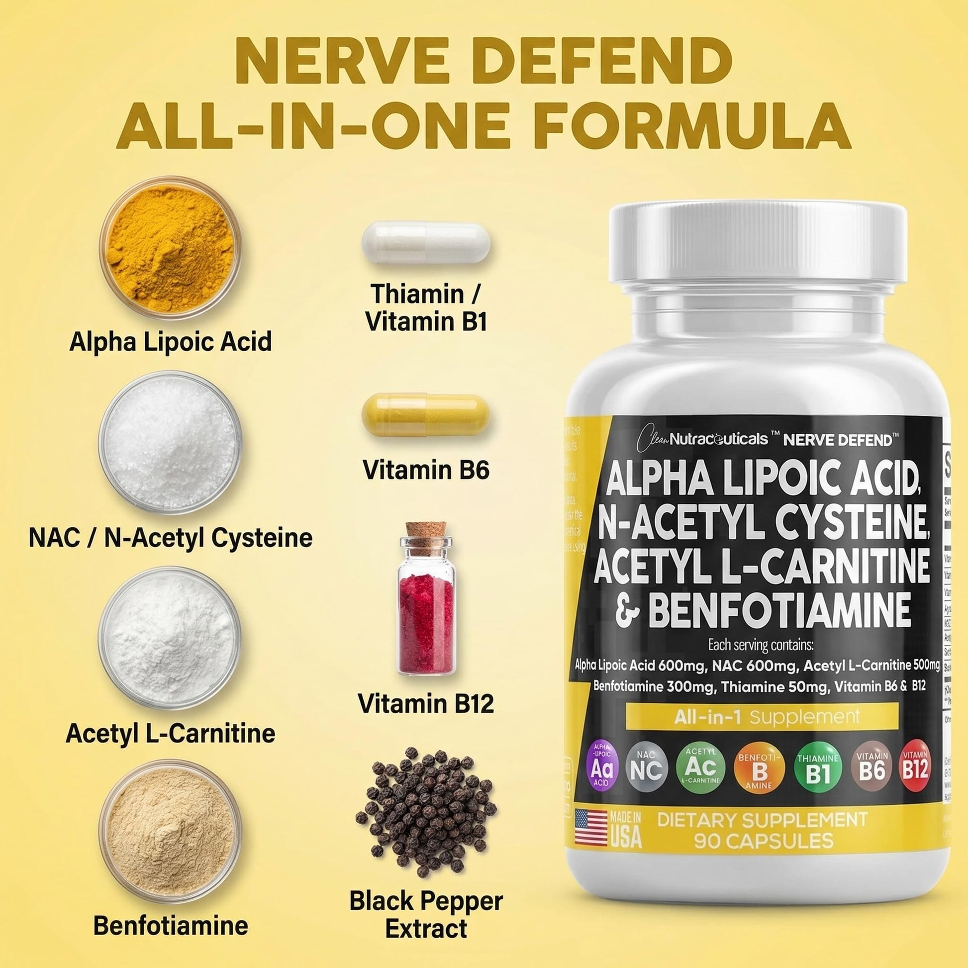 Alpha Lipoic Acid 600mg N-Acetyl Cysteine 600mg Acetyl L-Carnitine 500mg Benfotiamine 300mg - Nerve Support Supplement for Women and Men with Vitamin B1 B6 & B12 - Made in USA 90 Caps Clean Nutraceuticals Au supplements