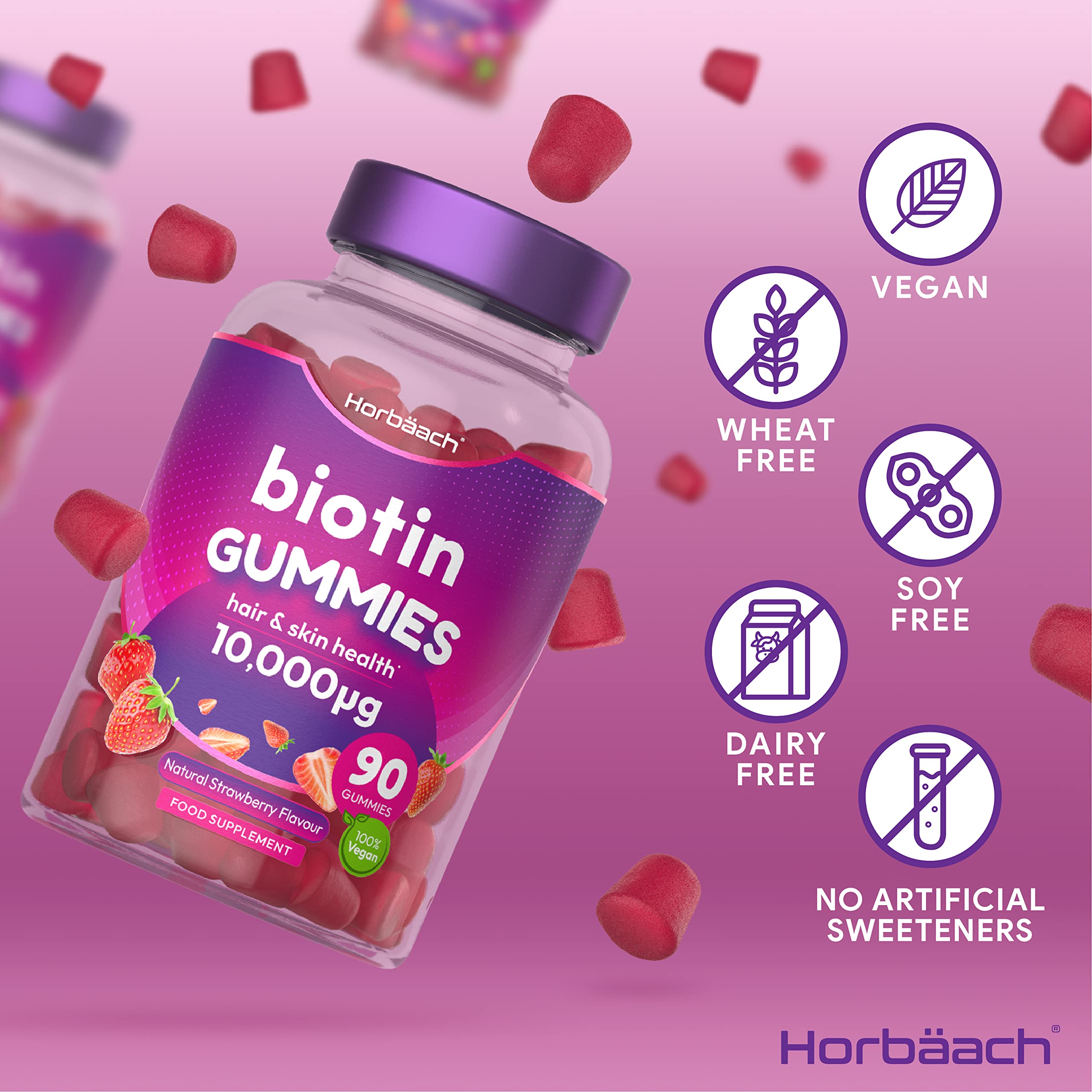 Biotin Gummies 10,000mcg | 90 Vegan Vitamins | Natural Strawberry Flavour Horbäach Au supplements