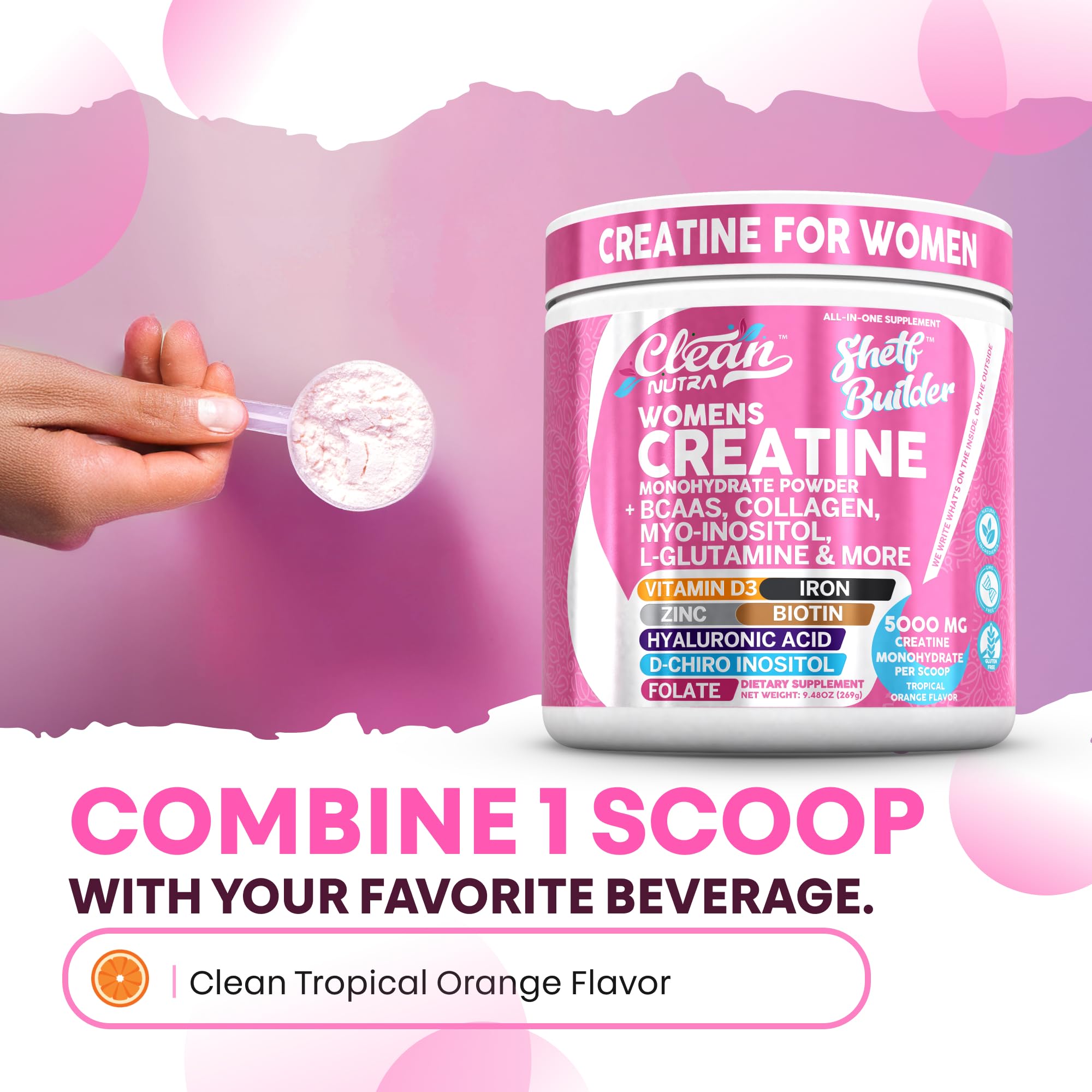 Creatine for Women | Creatine Monohydrate + BCAA Powder Myo-Inositol Collagen Biotin Hyaluronic Acid Folate L Glutamine Vitamin D3 Iron Zinc D-Chiro-Maca Digestion Shelf Builder by Clean Nutra Clean Nutraceuticals Au supplements