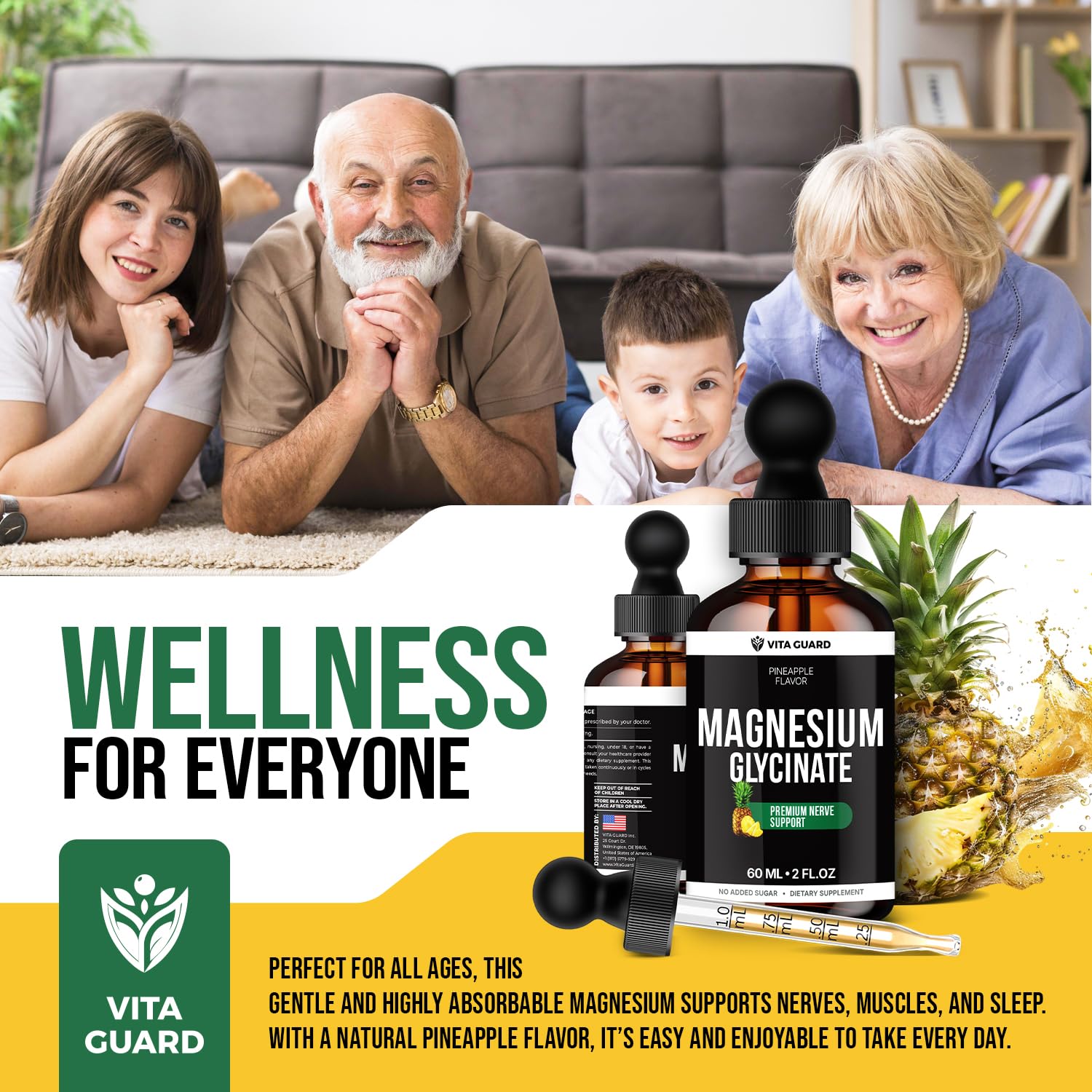 Magnesium Glycinate 500mg Liquid Drops – Sugar-Free Magnesium Supplement, Vegan Formula, 60 mL Flavor Pineapple Vita Guard Au supplements