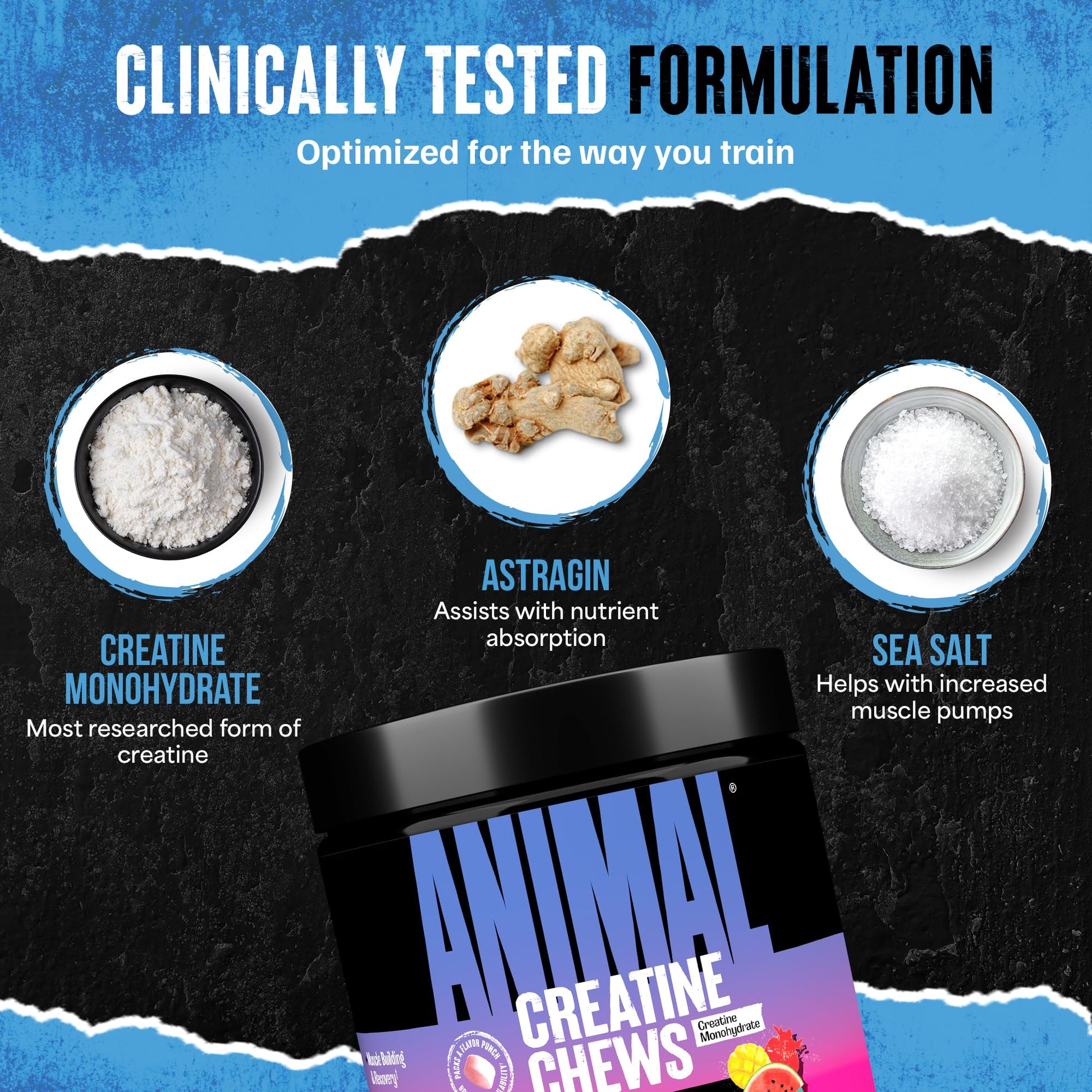 Animal Creatine Chews Tablets - Enhanced Creatine Monohydrate with AstraGin to Improve Absorption, Sea Salt for Added Pumps, Delicious and Convenient Chewable Tablets - Fruit Punch Animal Au supplements