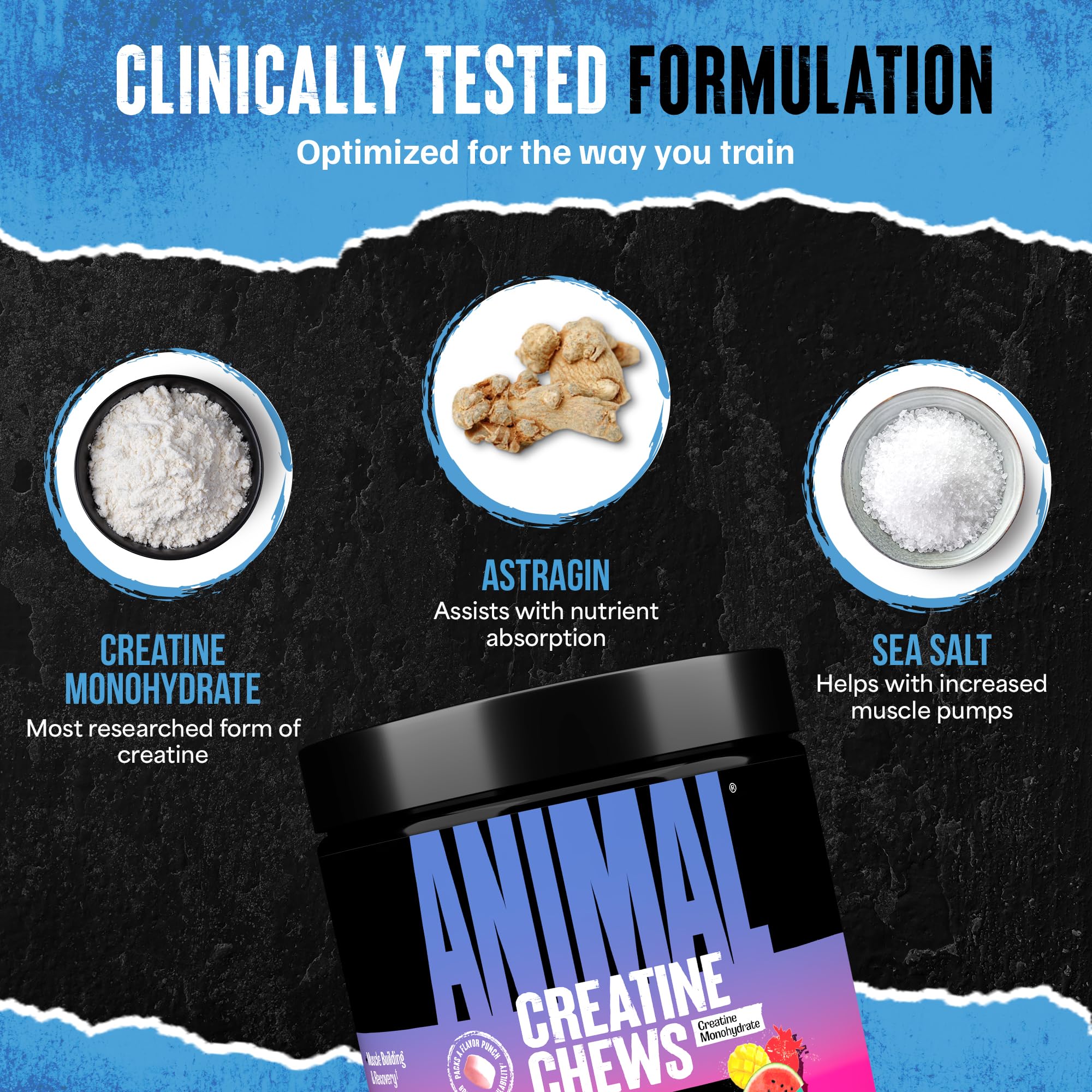 Animal Creatine Chews Tablets - Enhanced Creatine Monohydrate with AstraGin to Improve Absorption, Sea Salt for Added Pumps, Delicious and Convenient Chewable Tablets - Fruit Punch Animal Au supplements