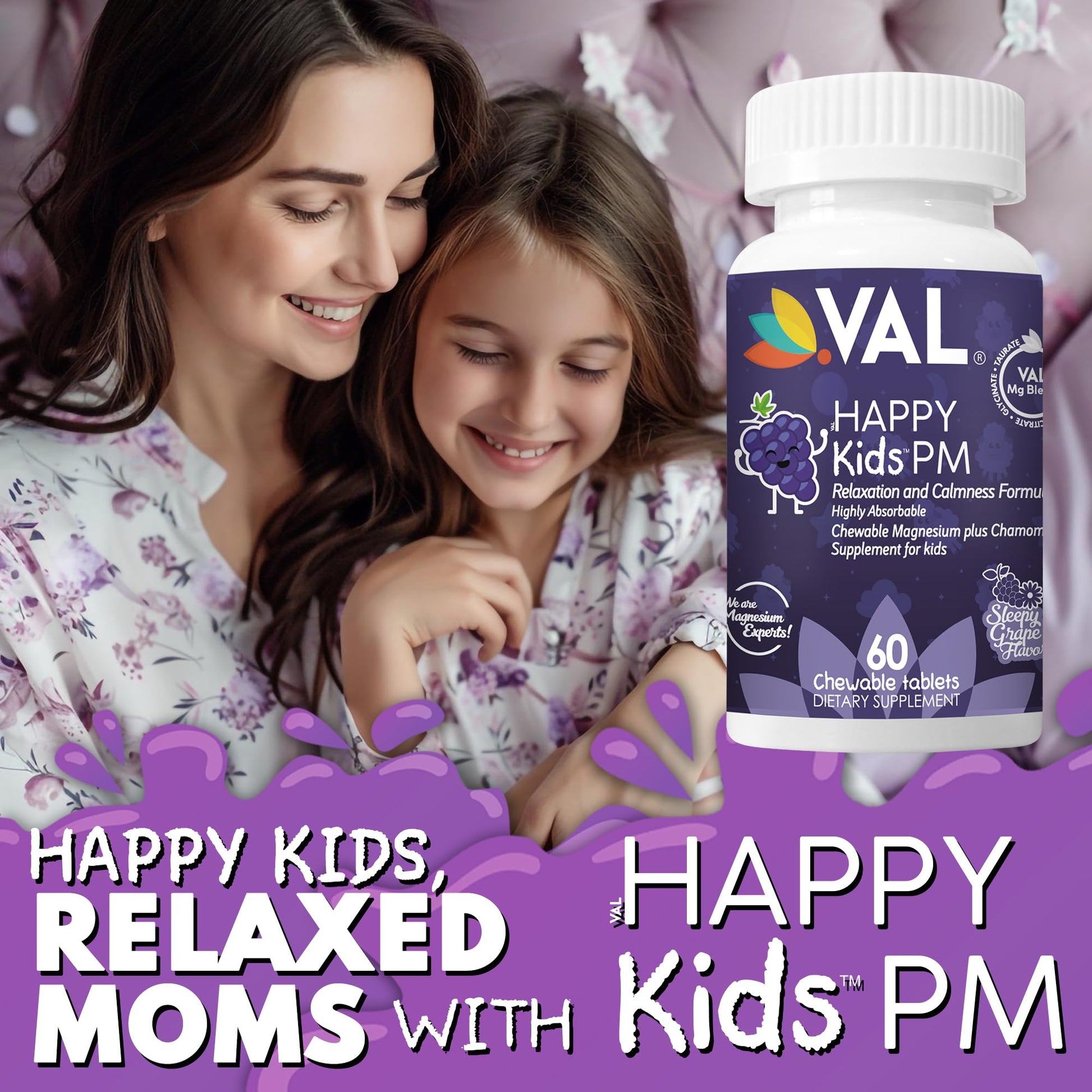 VAL Kids PM Magnesium Gummies | Sugar-Free Chewable Tablets with Chamomile, Magnesium Glycinate + Citrate + Taurate | Vitamin B6 & C | Natural Grape Flavor | Sleep & Calm Support | 60 Ct | Ages 4+ VAL Au supplements
