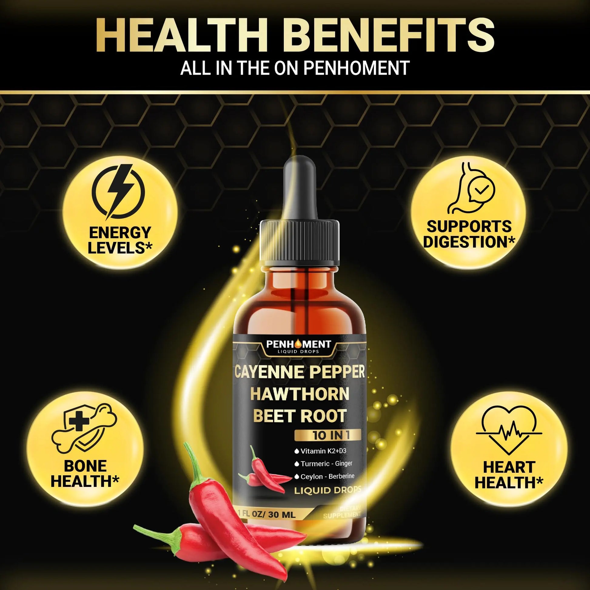 Penhoment 2 Packs - 2700 mg 10in1 Cayenne Pepper Liquid Drops with Hawthorn Berry, Vitamin D3 K2, Beet Root, Ginger Turmeric, Ginger, Ceylon Cinnamon, Berberine, and Ginseng - 2 Months Penhoment Au supplements