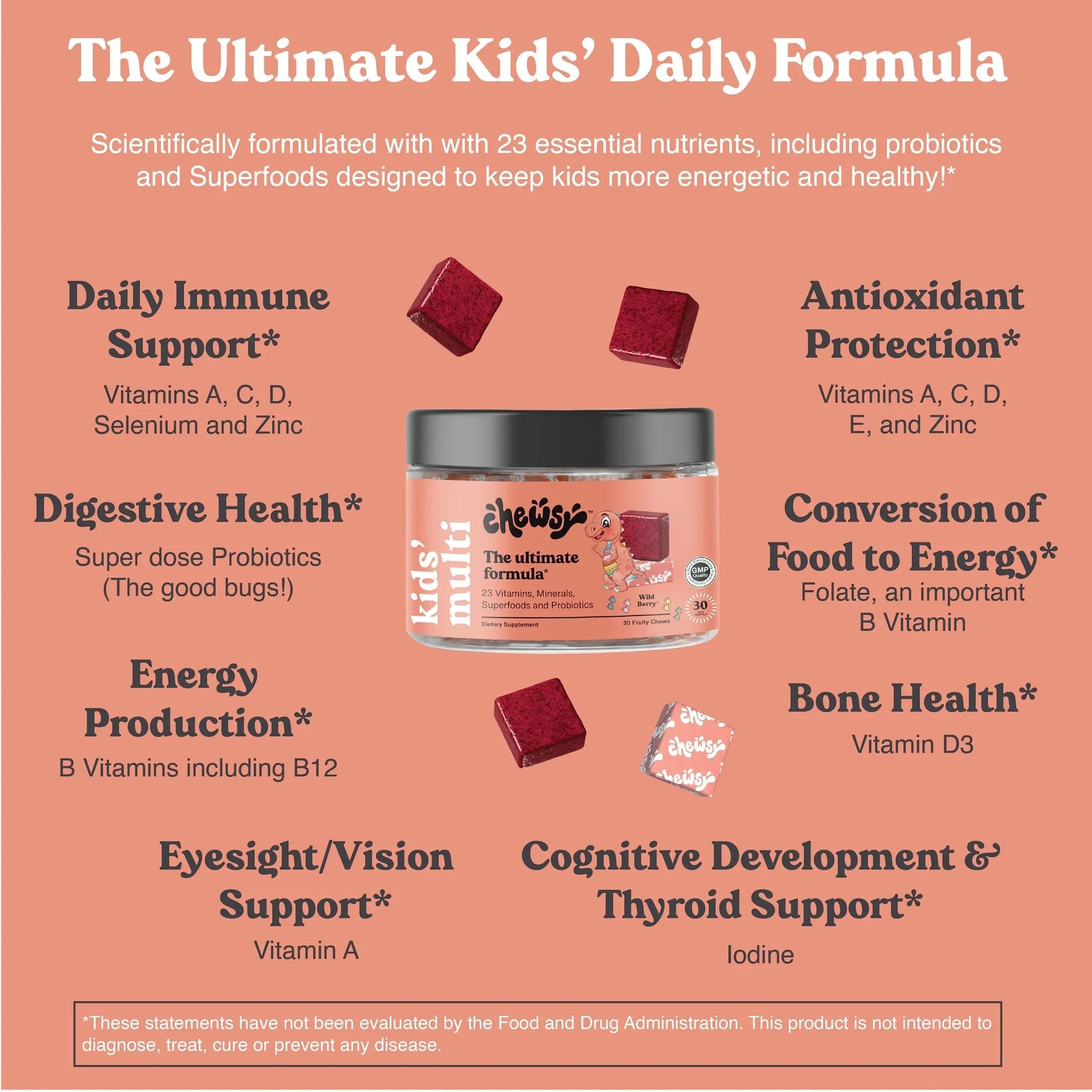 Chewsy Kids’ Multivitamin, Delicious Candy-Style Daily Vitamin Chews + Probiotics + Superfoods, Wild Berry Flavor Chewable Fruity Supplement Chews CHEWSY Au supplements