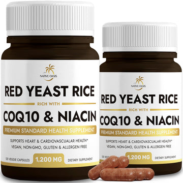 Native Oasis (2 Bottles) Red Yeast Rice 1,200 mg. Capsules Made with CoQ10 and Flush Native Oasis Au supplements