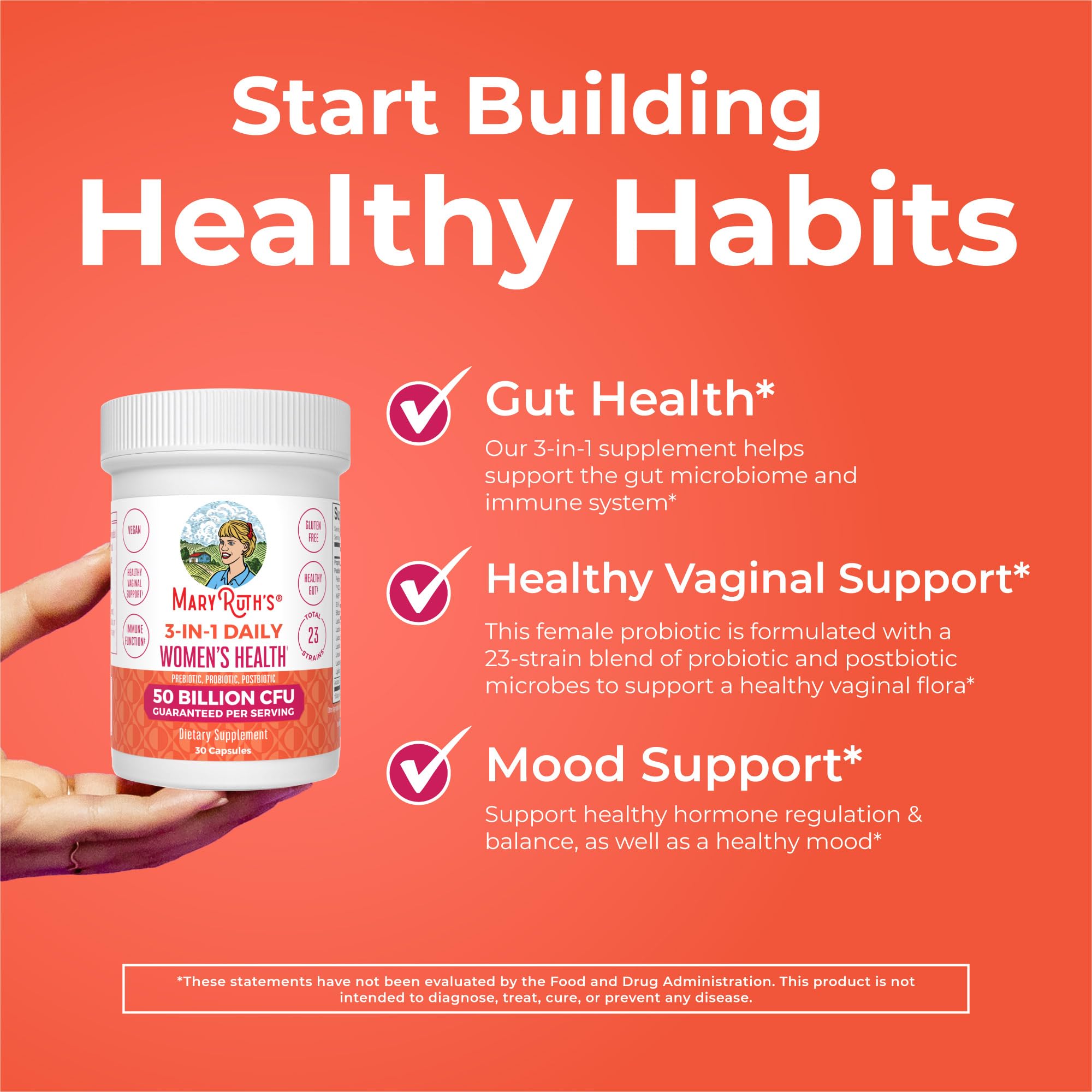 MaryRuth's 3-in-1 Daily Health Probiotics for Women | Hormone Support & Gut Health Supplement for Women | Women’s Probiotic | 50 Billion CFU | Vegan | 30 ct MARYRUTH'S Au supplements