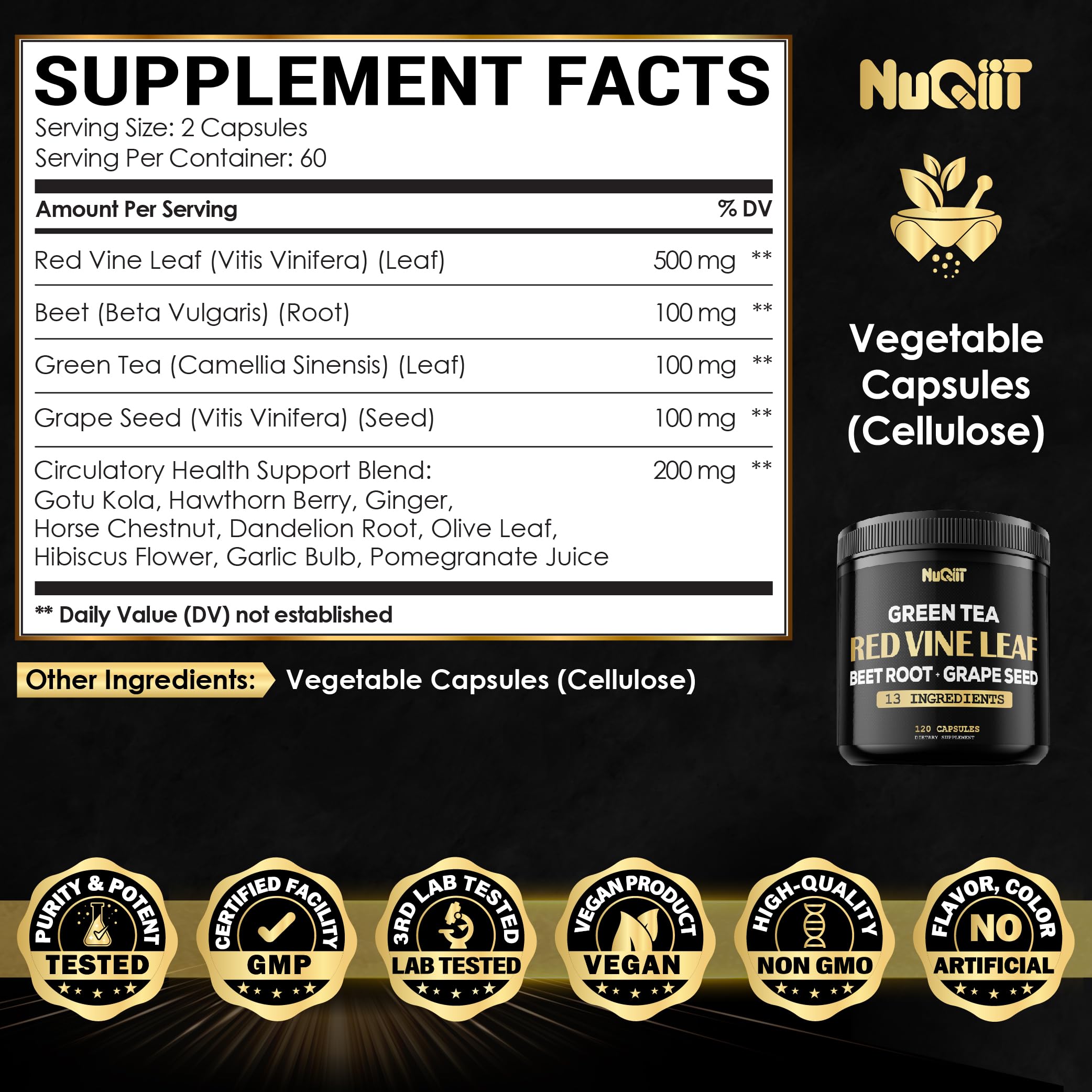Red Vine Leaf Extract 15000mg Beet Root 3000mg Organic Green Tea 3000mg Supplement & More - Support Heart Health, Strength, Immune System & Body Management - 120 Vegan Capsules for 2-Month Supply NUQIIT Au supplements