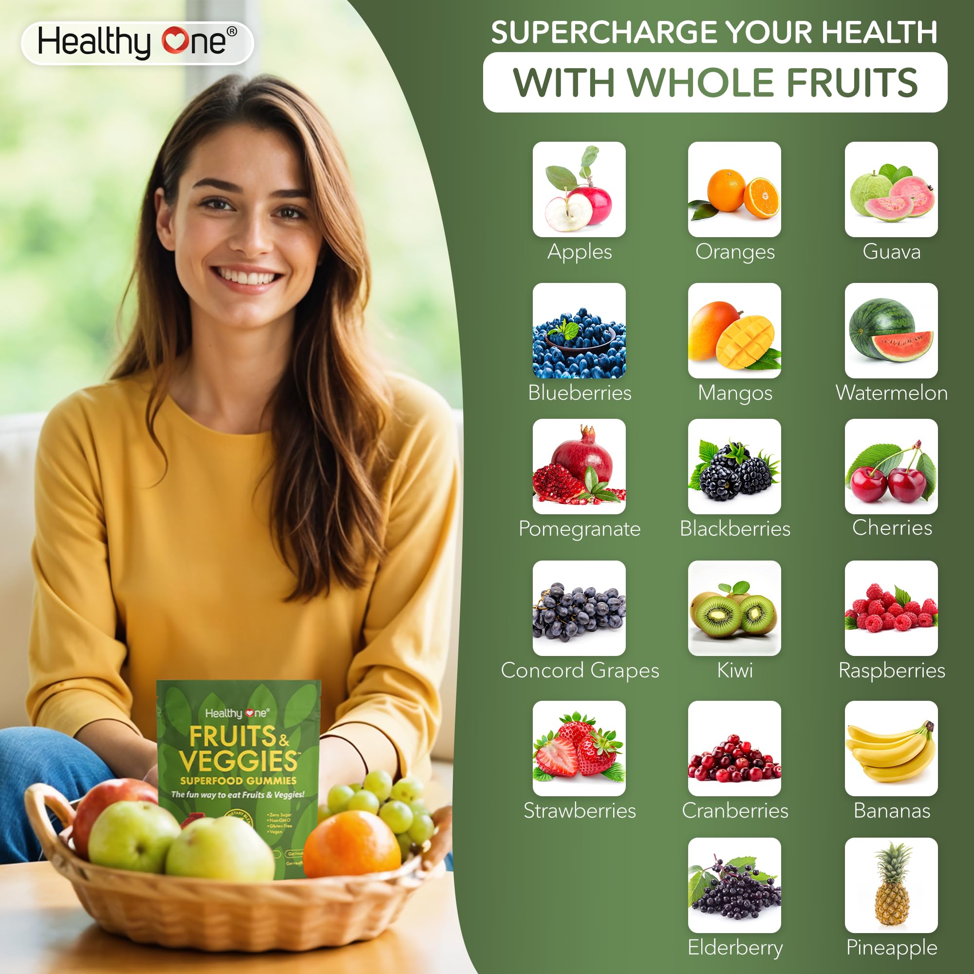 Fruits & Veggies Sugar-Free Gummies - 27 Whole Foods - Equals 3 Servings of Fruits & Vegetables - Improve Energy, Focus & Immune Function - Fiber - Antioxidants - Organic Ingredients - 14 Packets Healthy One Au supplements