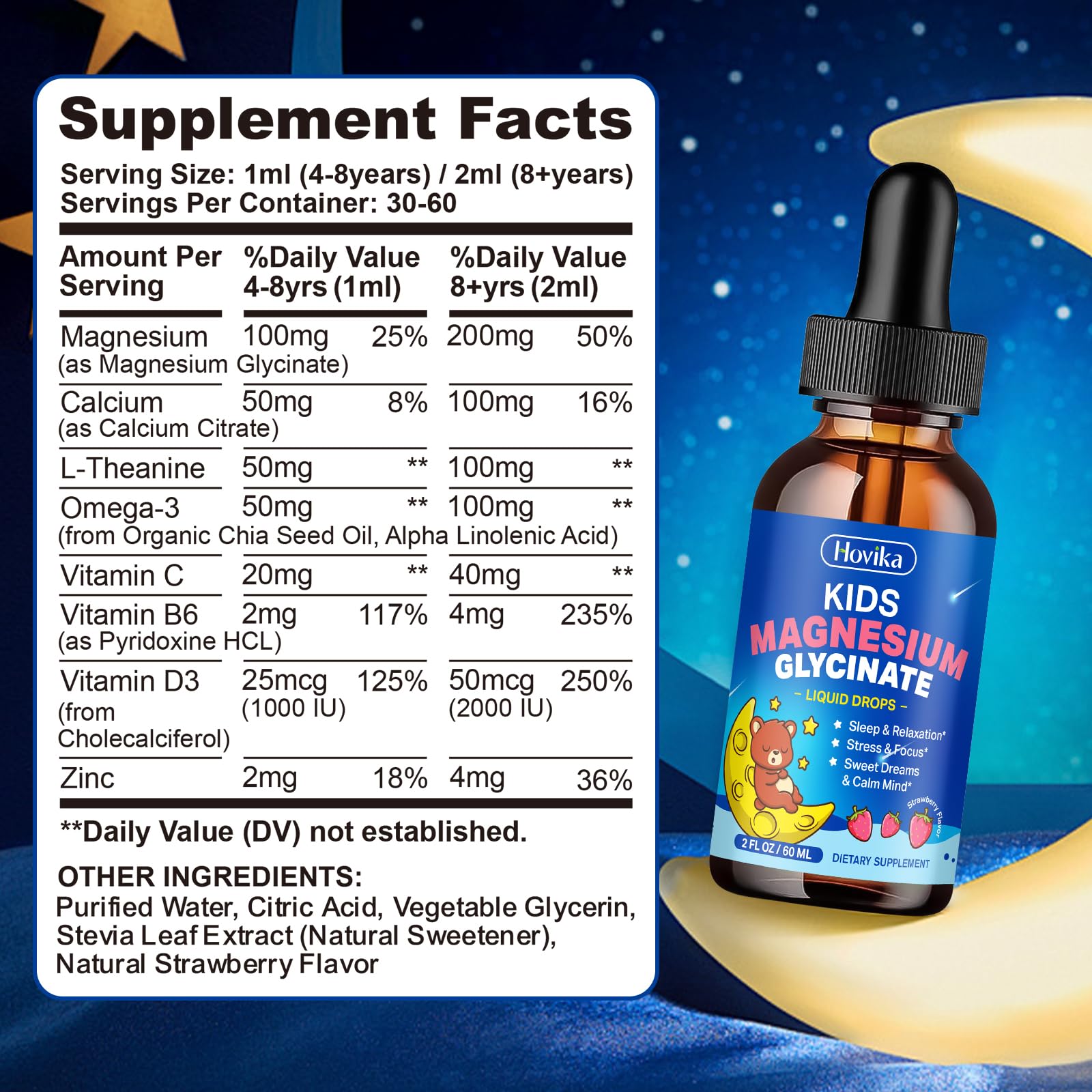 Magnesium Glycinate Liquid for Kids - with L-Theanine Omega-3, Vitamin B6, D3, Zinc - Kids Magnesium Drops for Sleep, Relaxation, Calm & Focus - 2 Fl Oz, Strawberry Flavor Hovika Au supplements