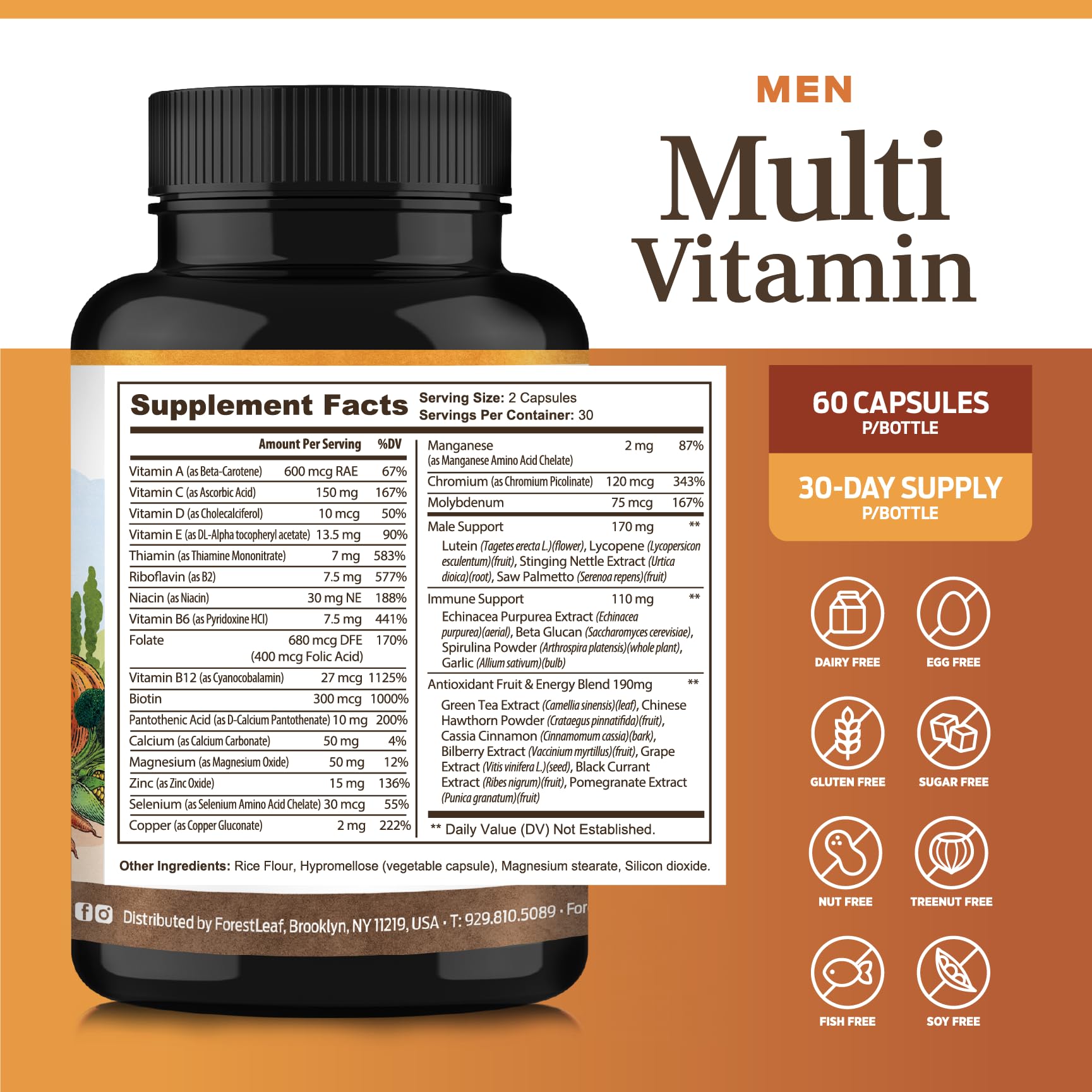 ForestLeaf Daily Vitamin Multivitamin for Men, Multi-Vitamin for Men - Mens Multivitamins & Multiminerals Supplement | All Essential Vitamins Needed for Health, Longevity & Energy | 60 Veg Caps ForestLeaf Au supplements
