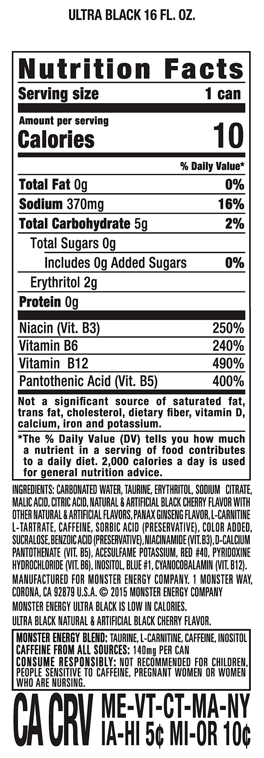 Monster Energy Ultra Black, Sugar Free Energy Drink, 16 Ounce (Pack of 15) Monster Energy Au supplements