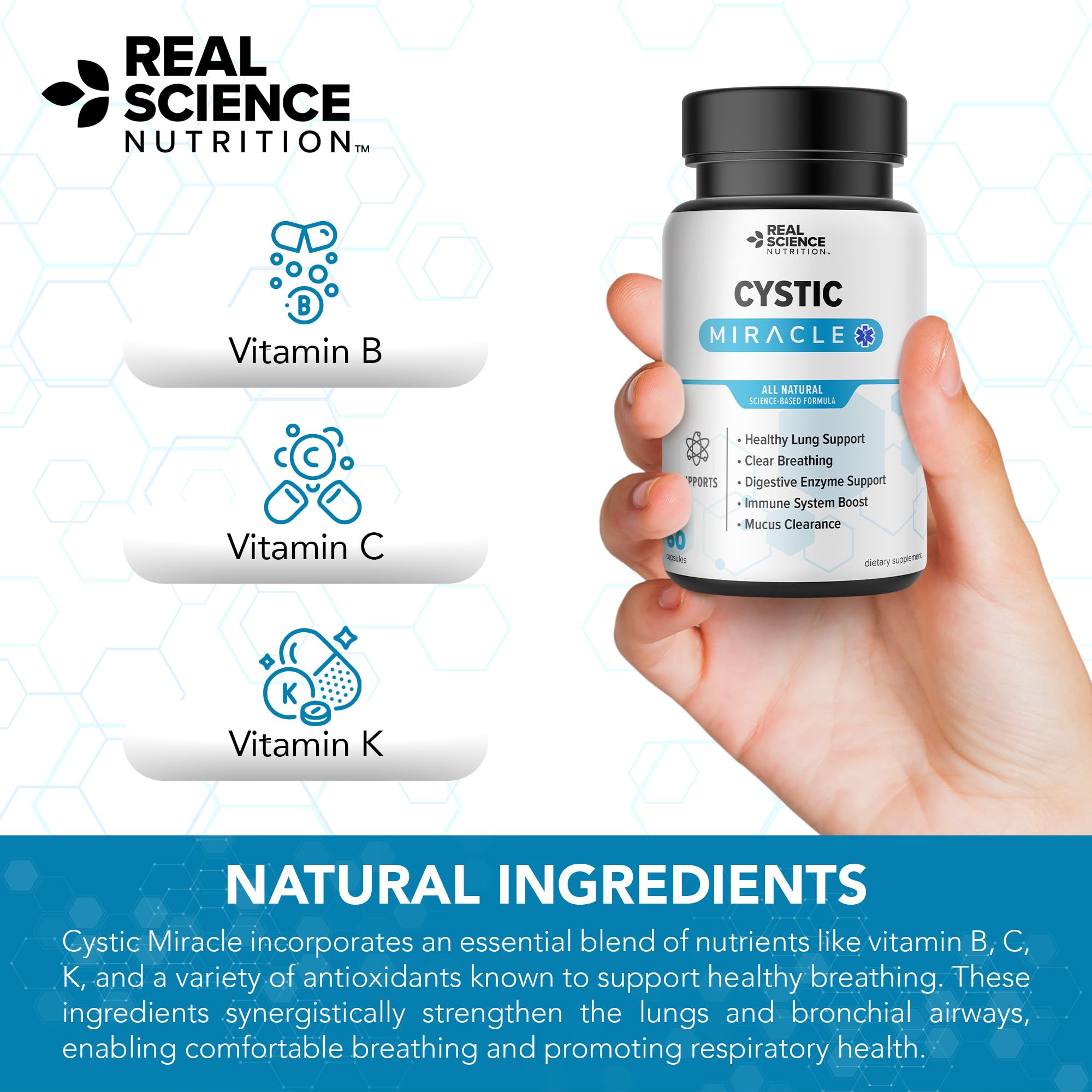 Real Science Cystic Miracle - Lung Support Supplement for Breathing Support and Mucus Clearance – with Vinitrox & GABA to Help Clear Lungs and Aid Respiratory Health, Made in USA, 60 Caps Real Science Nutrition Au supplements