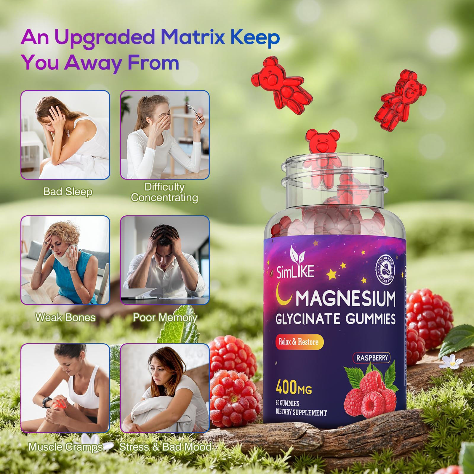 Magnesium Glycinate Gummies 400mg, High Absorption Magnesium Gummies with L-Theanine, Ashwagandha & GABA for Relaxation, Stress Relief & Sleep, Sugar Free, Vegan, 60 Raspberry Simlike Au supplements