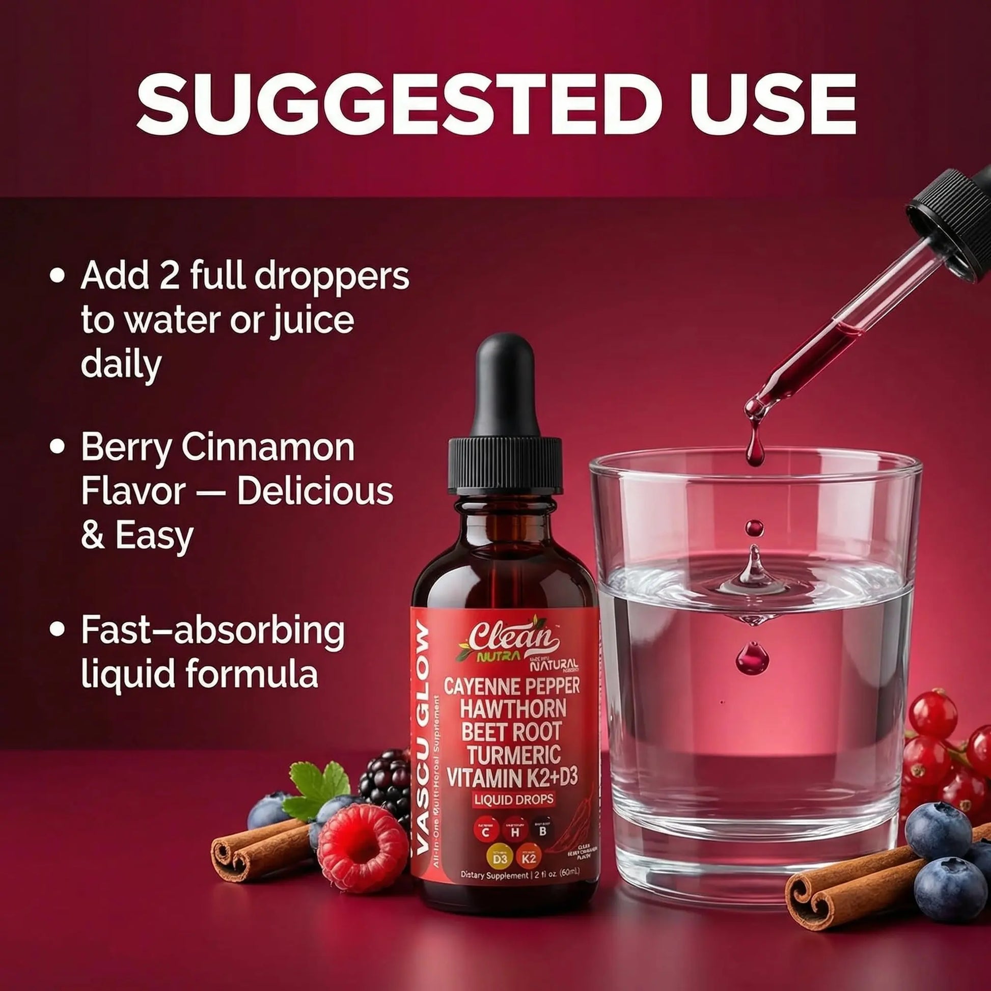 Clean Nutra Cayenne Pepper Drops Supplement Liquid + Hawthorn Berry, Vitamin D3 K2 Beet Root Powder, Ceylon Cinnamon, Turmeric Curcumin, Organic Panax Ginseng, Berberine Extract 1 Pack Clean Nutraceuticals Au supplements