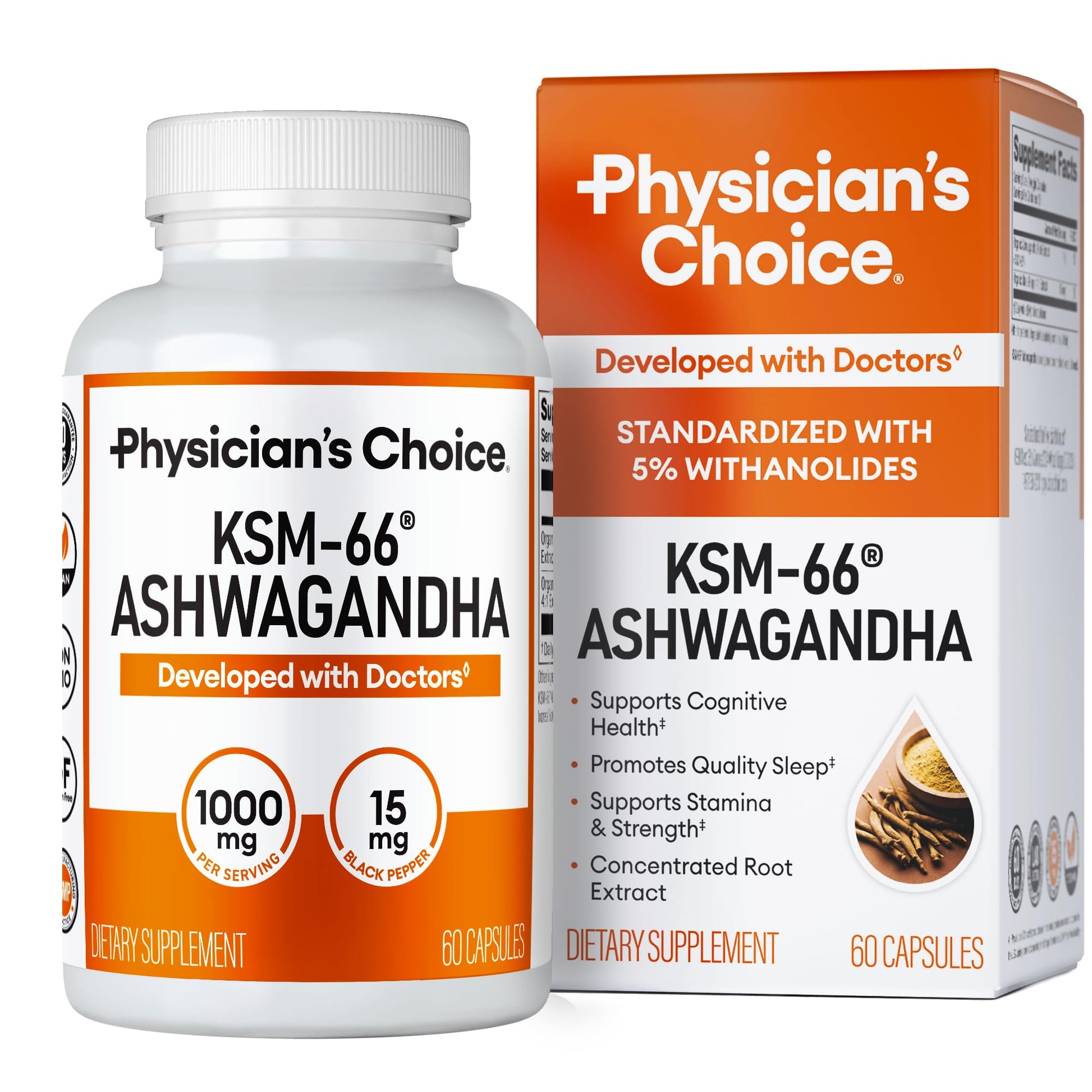 Physician's CHOICE KSM-66 Ashwagandha Root Powder Extract 1,000mg - Organic - with Black Pepper for Maximum Absorption - 5% Withanolides - Stress, Mood & Athletic Support - 60 Vegan Capsules Physician's CHOICE Au supplements
