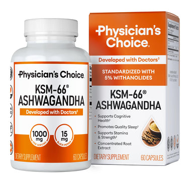 Physician's CHOICE KSM-66 Ashwagandha Root Powder Extract 1,000mg - Organic - with Black Pepper for Maximum Absorption - 5% Withanolides - Stress, Mood & Athletic Support - 60 Vegan Capsules Physician's CHOICE Au supplements