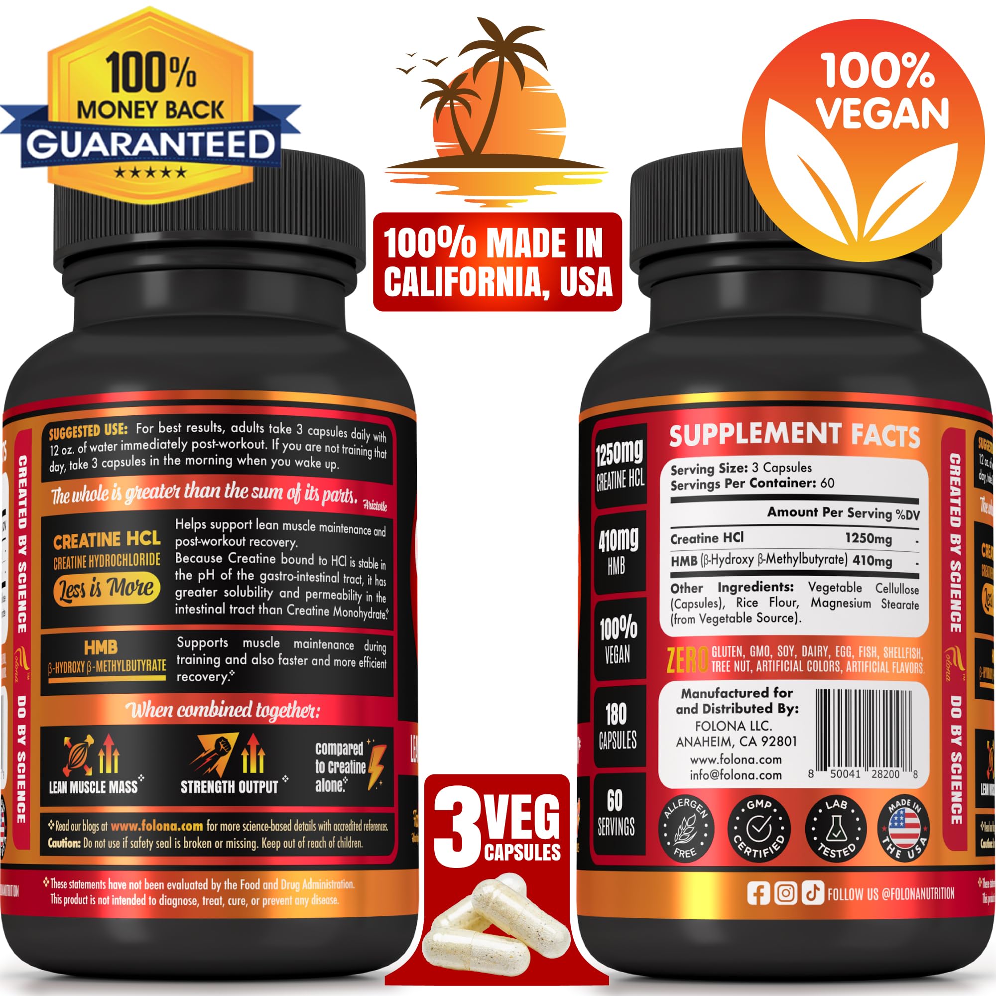 Creatine HCL Capsules with HMB - Workout Supplement for Men & Women, Muscle Builder, Endurance, Strength, Superior to Monohydrate: Instantized for Max Absorption, No Load, No Bloat, 180 Vegan Capsules FOLONA Au supplements