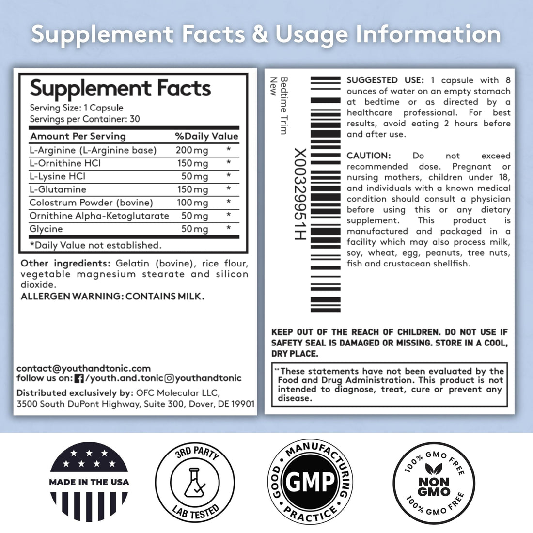 Youth & Tonic PM Bedtime Trim for Lean Appearance & Muscle Definition Support – Nighttime Amino Acids Supplement for Overnight Recovery, Men & Women, 30 Capsules Youth & Tonic Au supplements