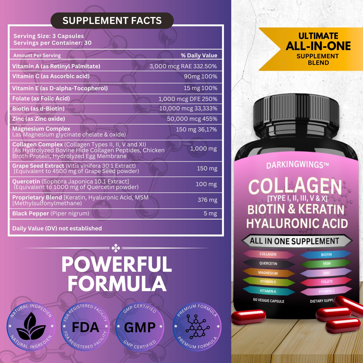 Multi Collagen Pills Peptides Types I, II, III, V & X MCG Biotin Keratin Hyaluronic Acid MSM Vitamin C Zinc Magnesium with Grape Seed Extract, Quercetin - Hair Skin and Nails Vitamins Capsule Darkingwings Au supplements