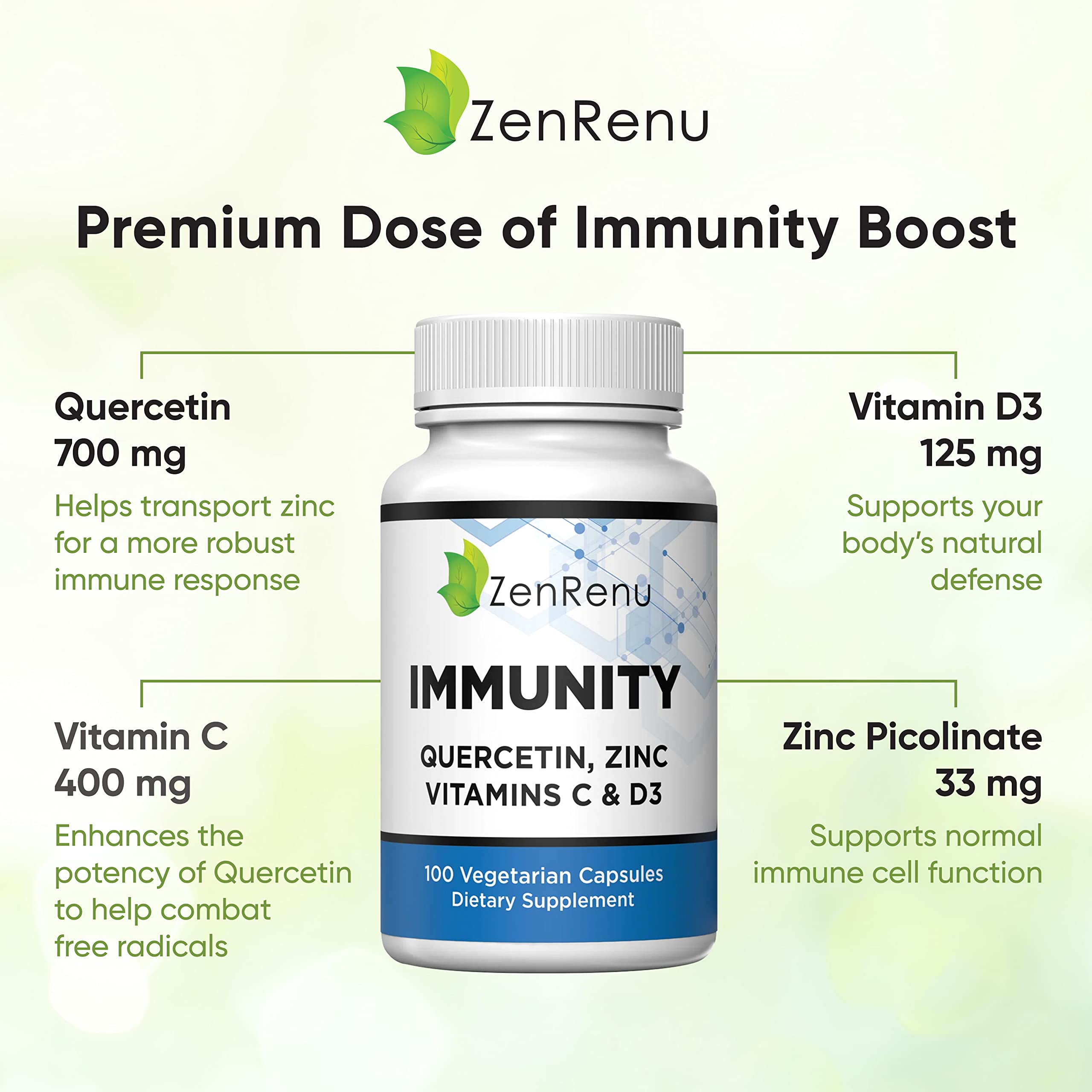 Zenrenu Immunity Quercetin 700 mg Zinc Vitamin C Vitamin D Immune Support Supplement with Curcumin - Easy to Absorb Immunity Supplement, 100 Vegetarian Capsules 50 Day Supply Zenrenu Au supplements