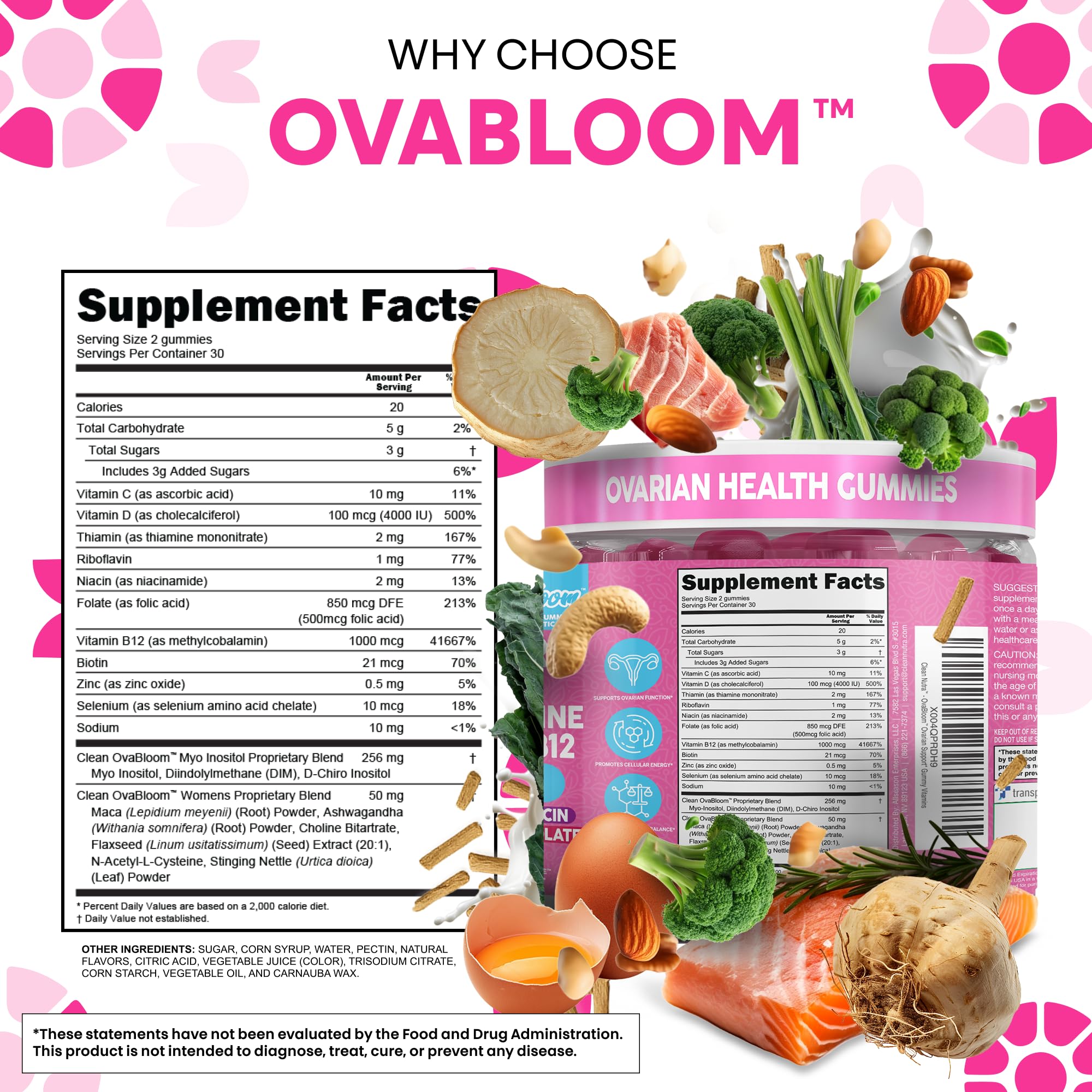 OVA Bloom Ovarian Support Gummies Myo Inositol D-Chiro Inositol Choline Flax Biotin Riboflavin Thiamin Niacin Ashwagandha DIM Maca Root Vitamin C D3 B12 Zinc 60 Count By Clean Nutra Clean Nutraceuticals Au supplements