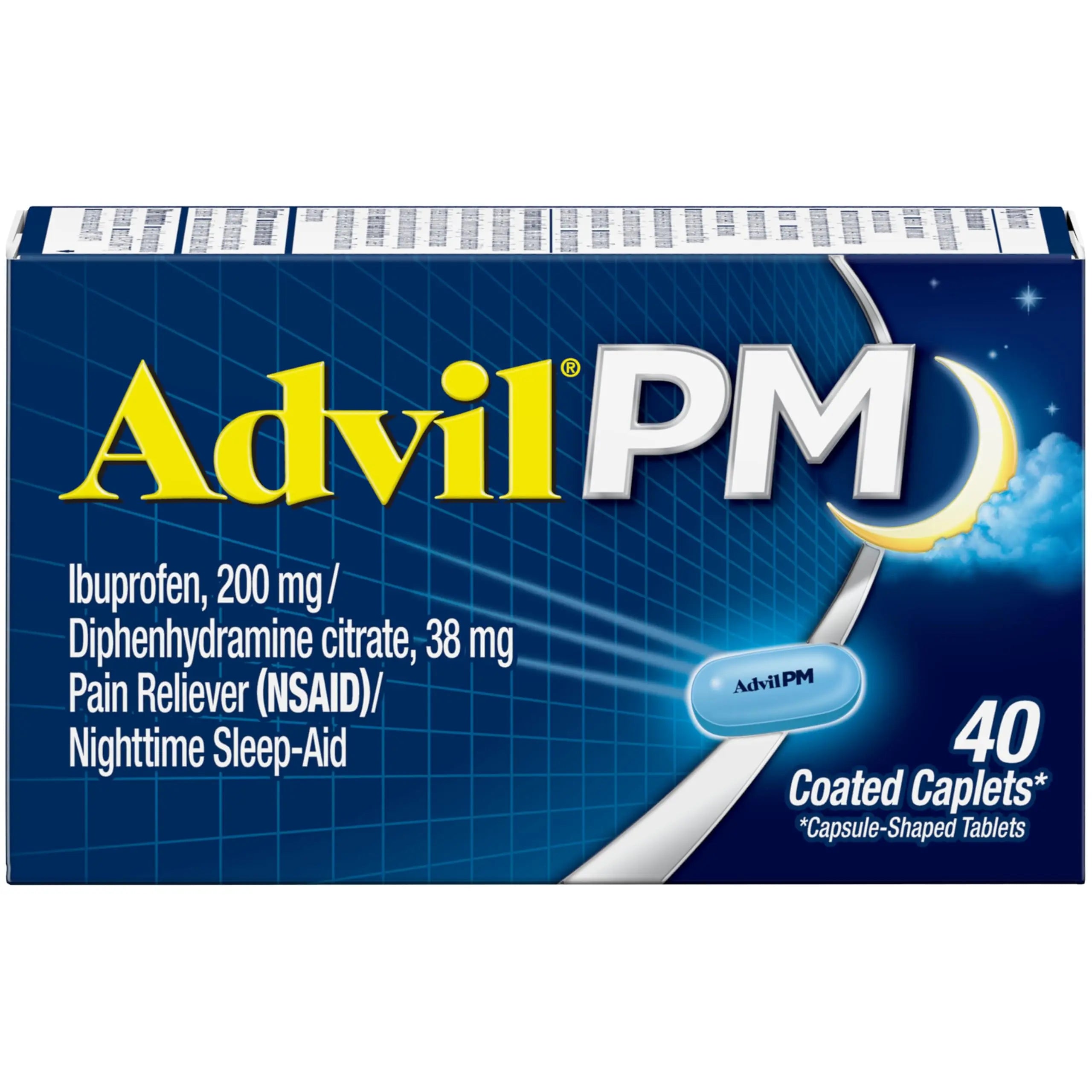 Advil PM Pain Reliever and Nighttime Sleep Aid, Pain Medicine with Ibuprofen for Pain Relief and Diphenhydramine Citrate for a Sleep Aid - 40 Coated Caplets Advil Au supplements