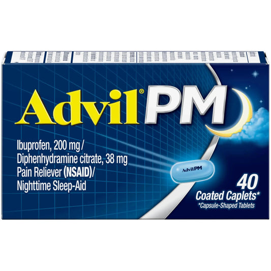 Advil PM Pain Reliever and Nighttime Sleep Aid, Pain Medicine with Ibuprofen for Pain Relief and Diphenhydramine Citrate for a Sleep Aid - 40 Coated Caplets AdvilAu supplements