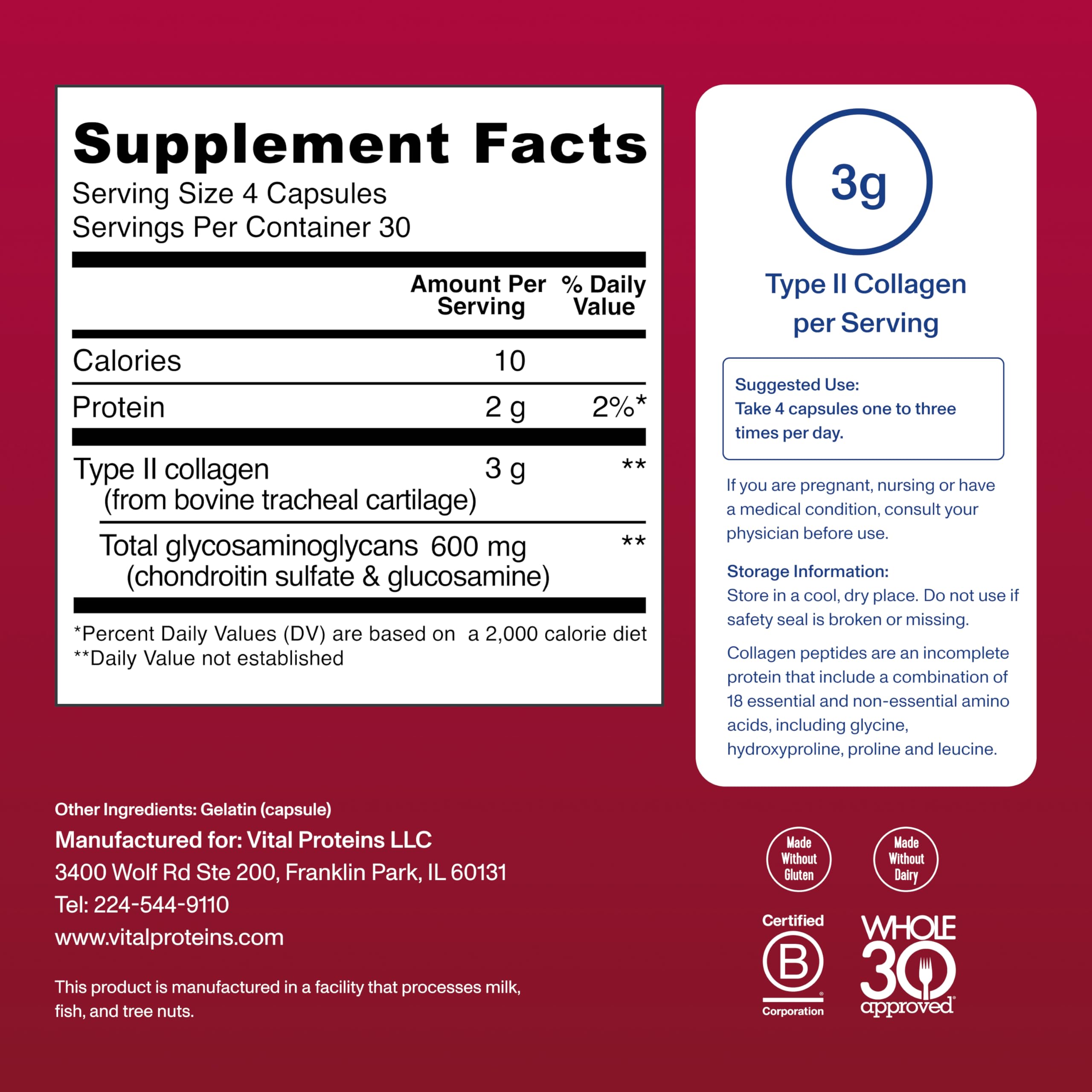 Vital Proteins Cartilage Collagen Pills, Type II Collagen & Chondroitin Sulfate Supplement for Recovery & Healthy Hair, Skin, Nails and Joints - 750 mg Serving with 120 Capsules Vital Proteins Au supplements