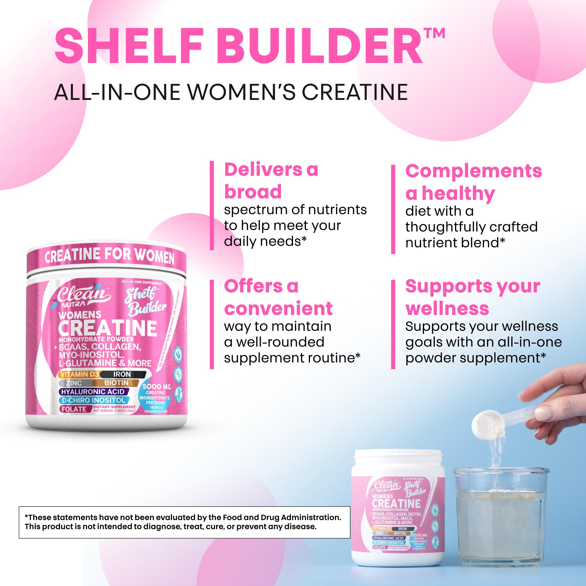 Creatine for Women | Creatine Monohydrate + BCAA Powder Myo-Inositol Collagen Biotin Hyaluronic Acid Folate L Glutamine Vitamin D3 Iron Zinc D-Chiro-Maca Digestion Shelf Builder by Clean Nutra Clean Nutraceuticals Au supplements