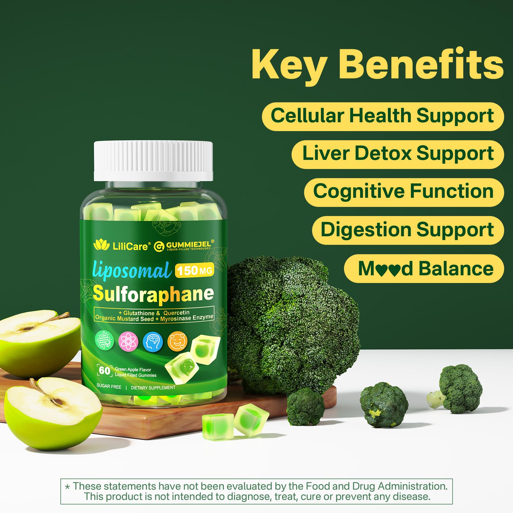 Liposomal Sulforaphane Supplement 150mg, from Broccoli Seed Extract w/Myrosinase, Quercetin, Glutathione, Sulforaphane Supplement Gummies for Antioxidants Detox Cellular Brain Health, Chewable 60Cts LILICARE Au supplements