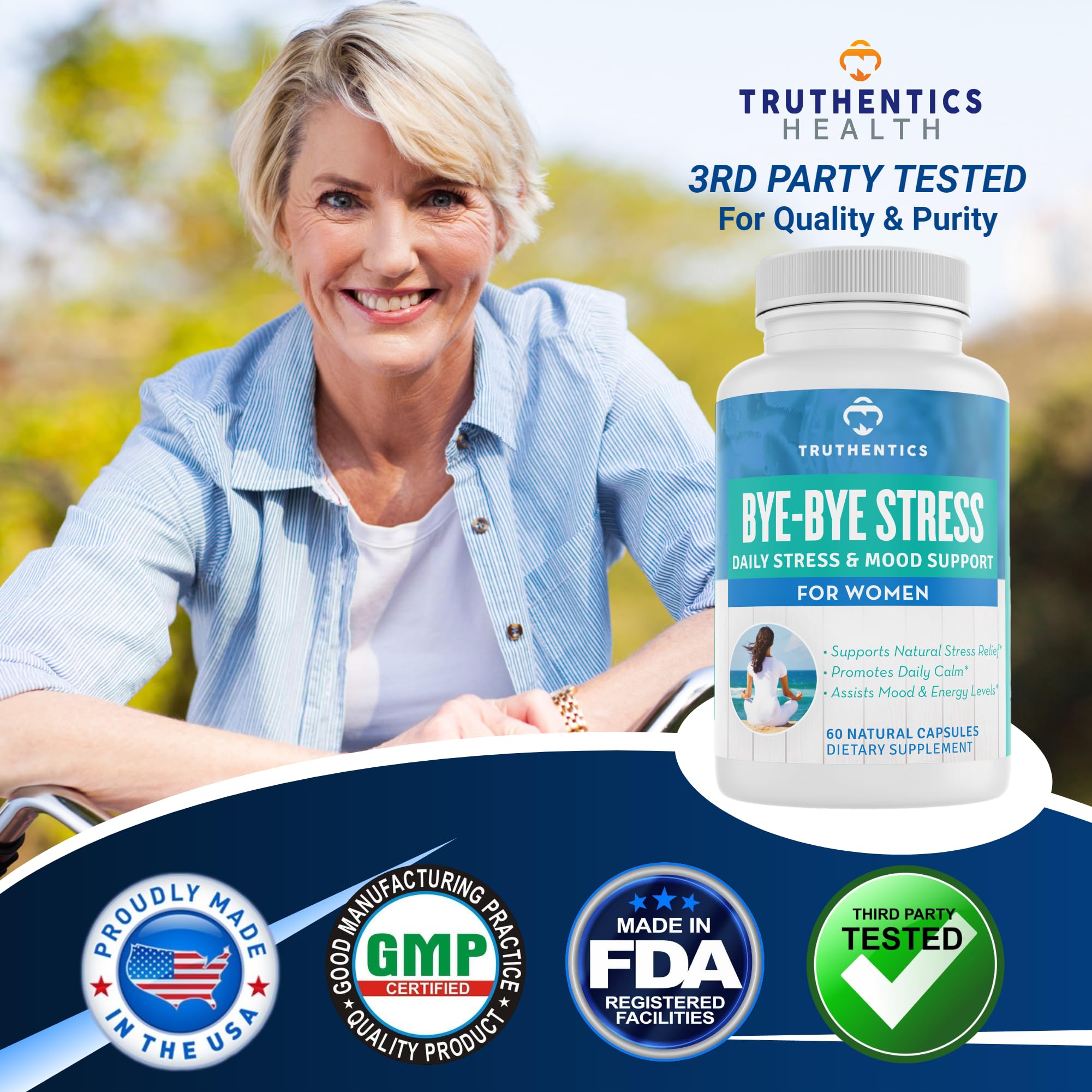 TRUTHENTICS Bye-Bye Stress - Stress & Mood Support Supplement for Women with Ashwagandha, GABA, Lemon Balm, L-Theanin & Vitamin B Complex - Vegan - 60 Capsules TRUTHENTICS Au supplements