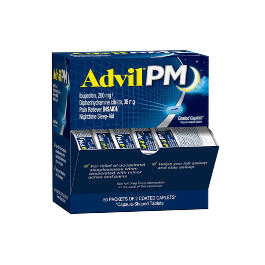 Advil PM Pain Reliever and Nighttime Sleep Aid, Pain Medicine with Ibuprofen for Pain Relief and Diphenhydramine Citrate for a Sleep Aid - 50x2 Coated Caplets AdvilAu supplements