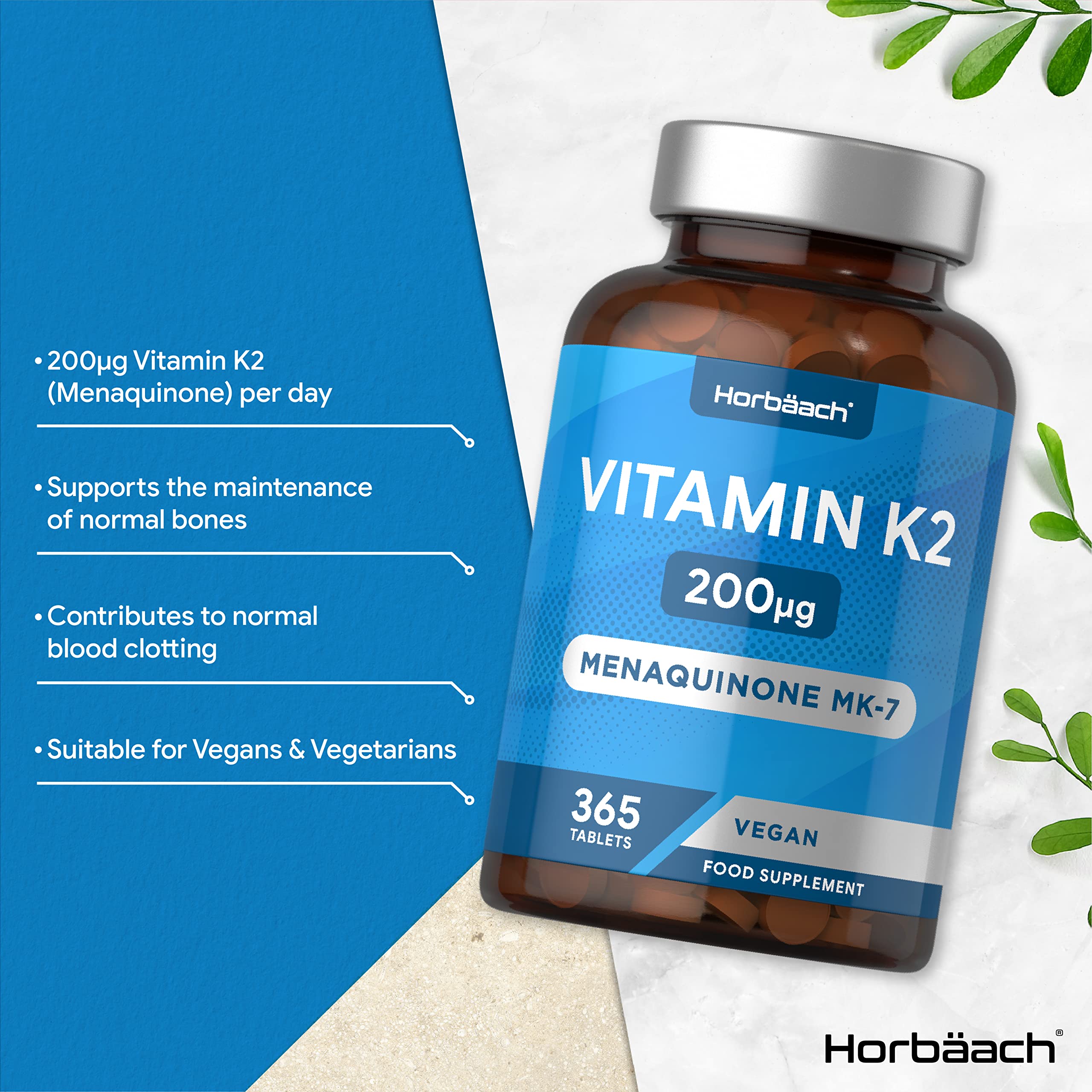 Vitamin K2 MK7 200ug | 365 Vegan Tablets | High Strength Menaquinone MK-7 Horbäach Au supplements
