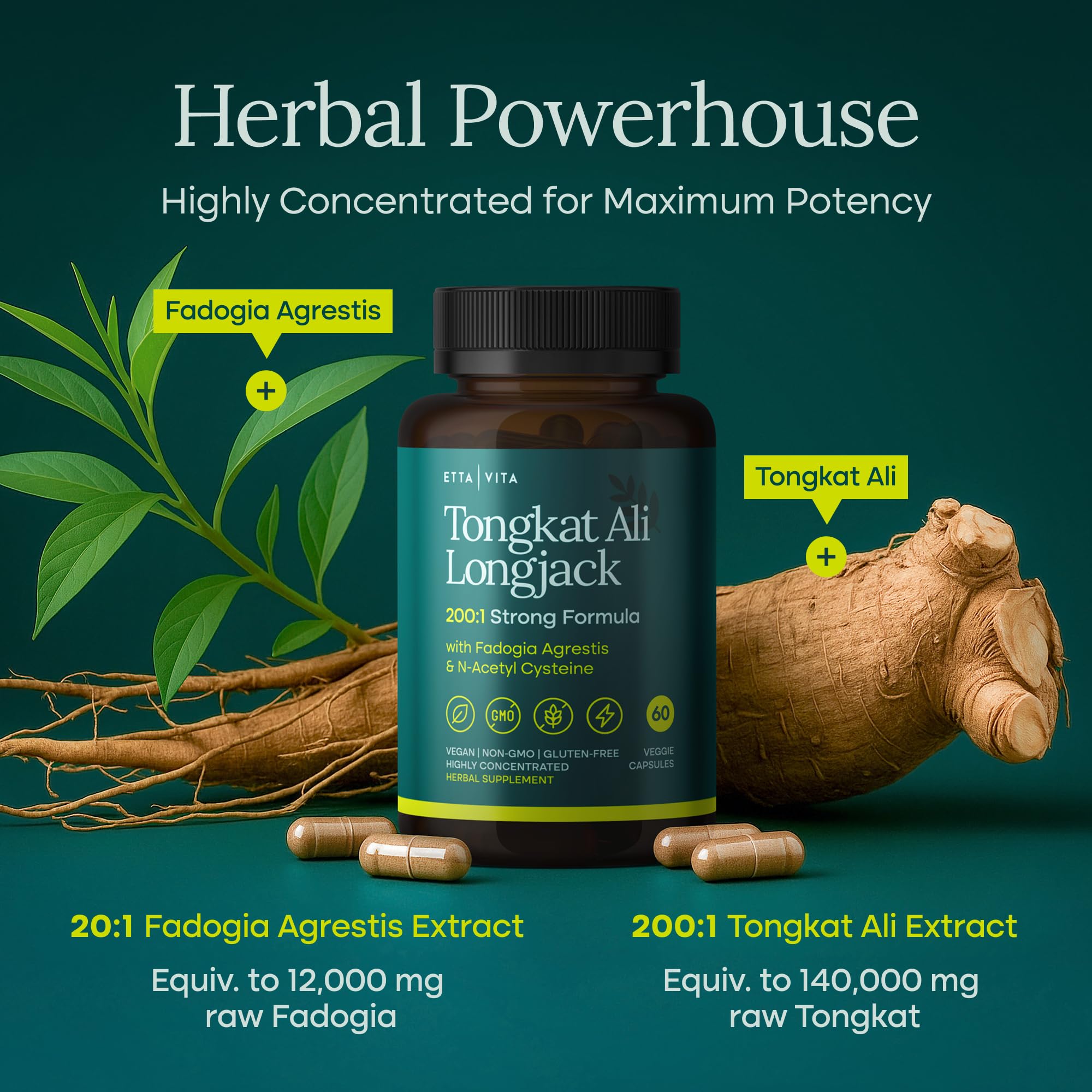 Potent Longjack - Tongkat Ali & Fadogia Agrestis Supplement for Men & Womens Energy, T Support, Lean Muscle Growth & Recovery, Hormonal Balance, Pre-Workout with Vegan NAC Liver Detox & Cleanse Etta Vita Au supplements